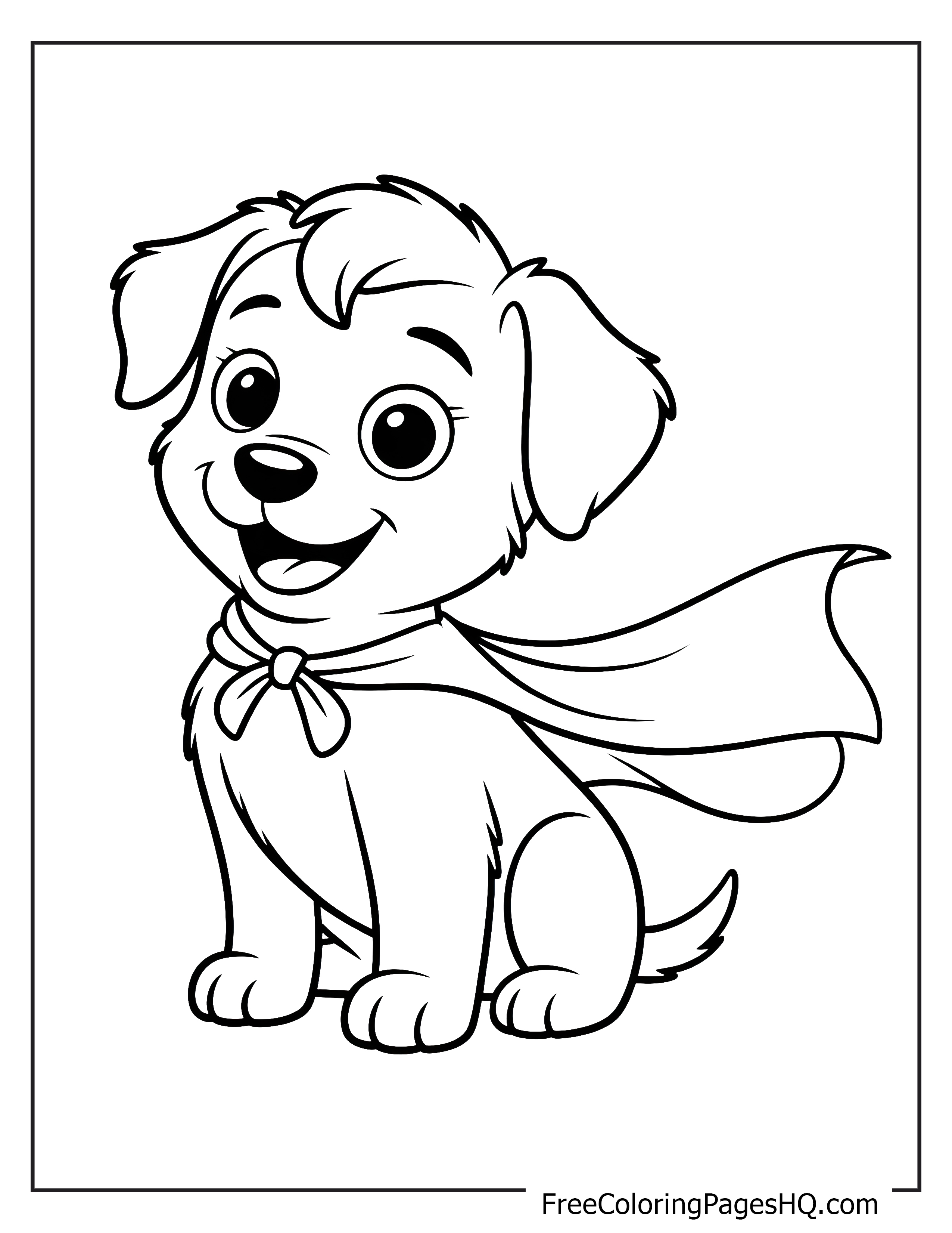 Illustration of a happy puppy with a superhero cape.