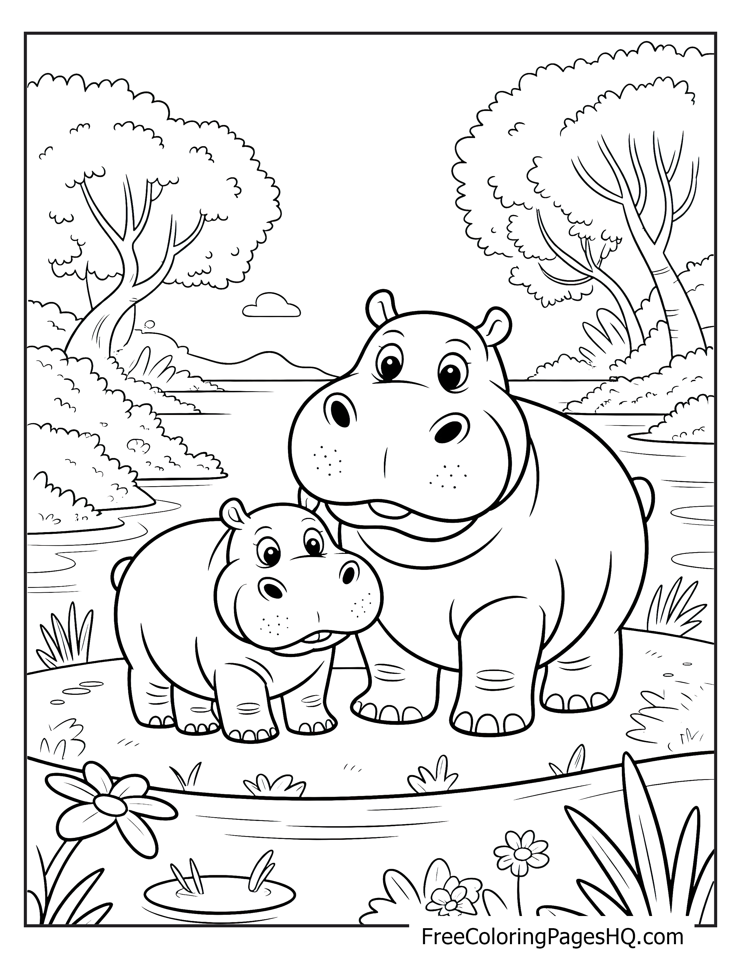 A baby hippo with a parent by a river amidst trees and flowers.