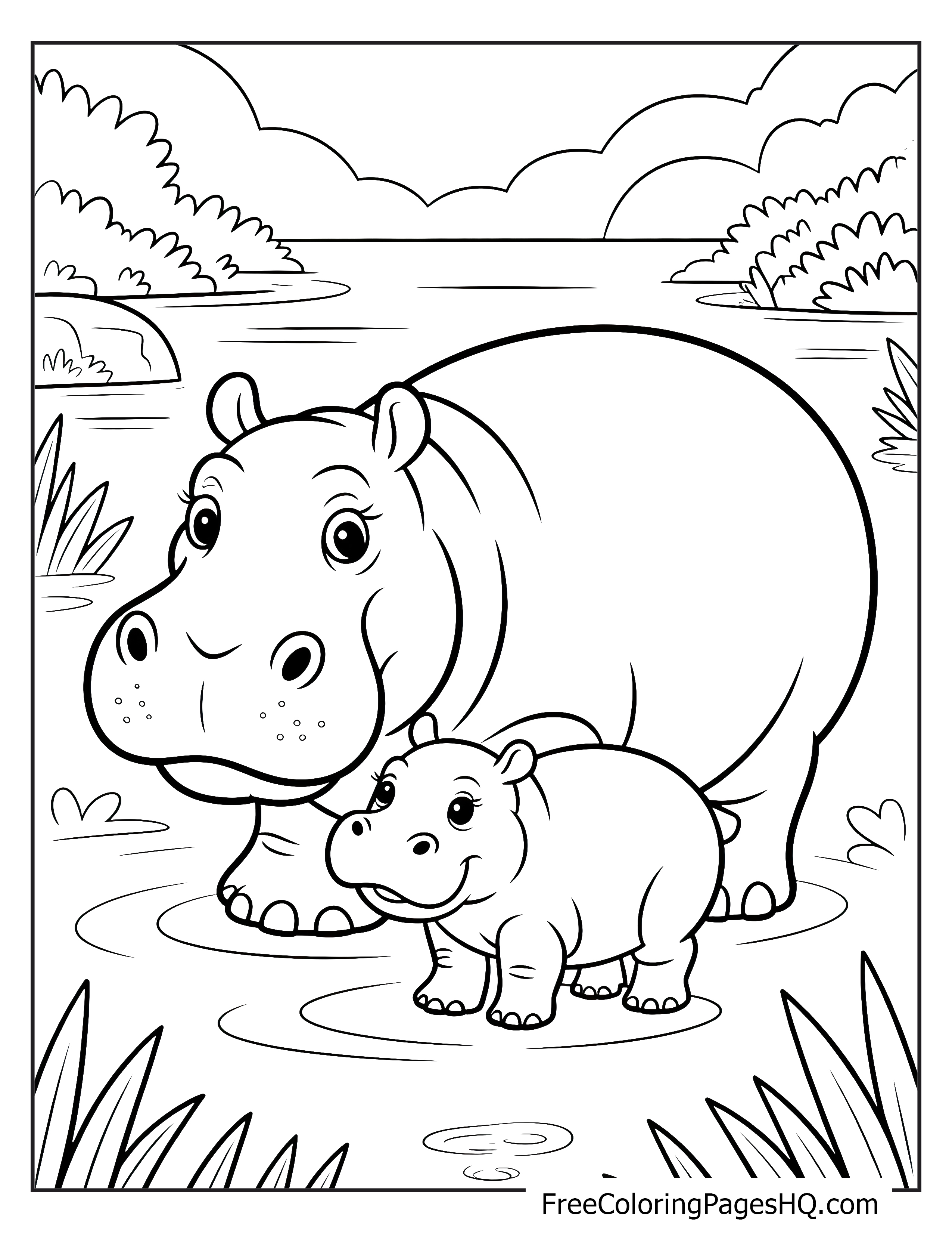A mother hippo and her baby by the river, surrounded by lush plants.