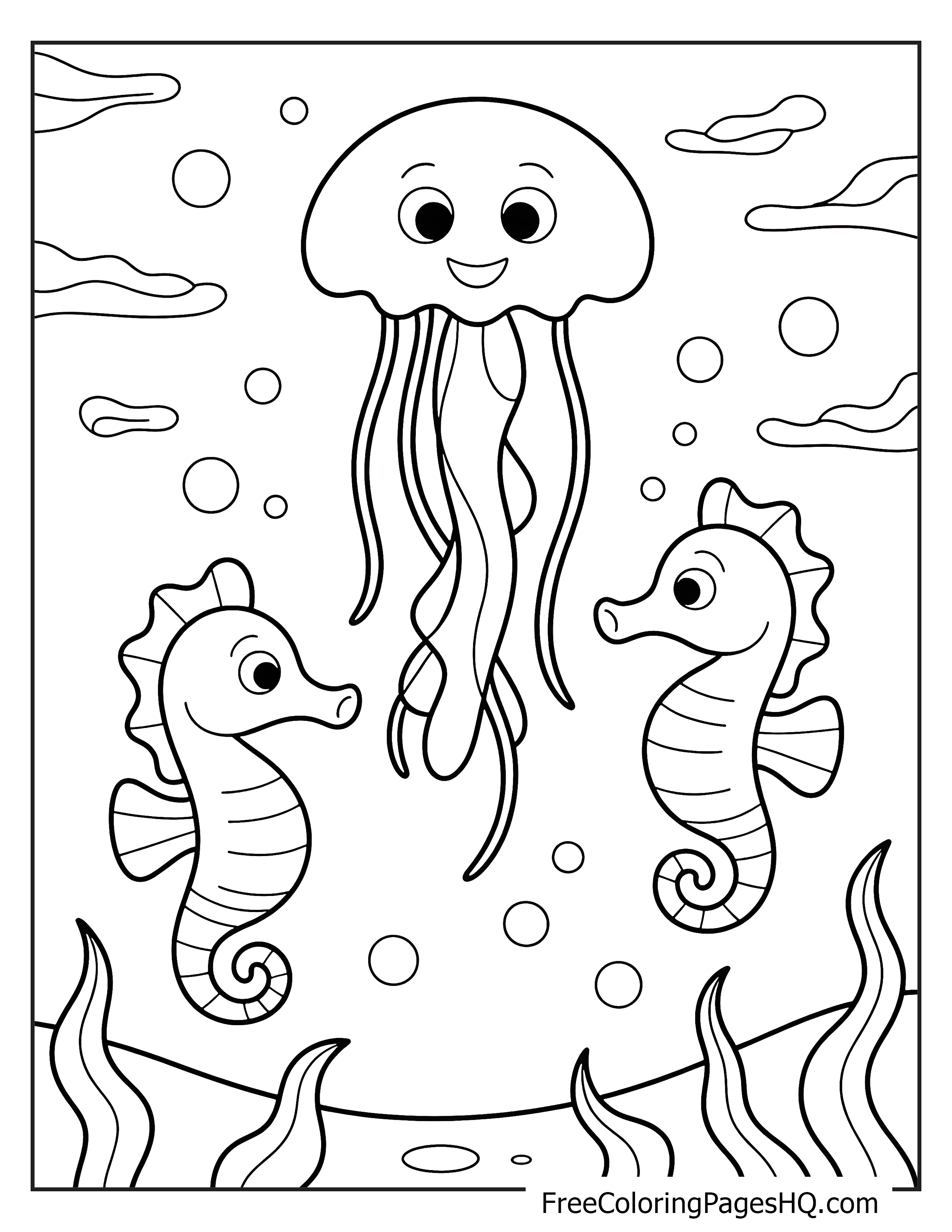 A smiling jellyfish with two seahorses surrounded by bubbles in the ocean.