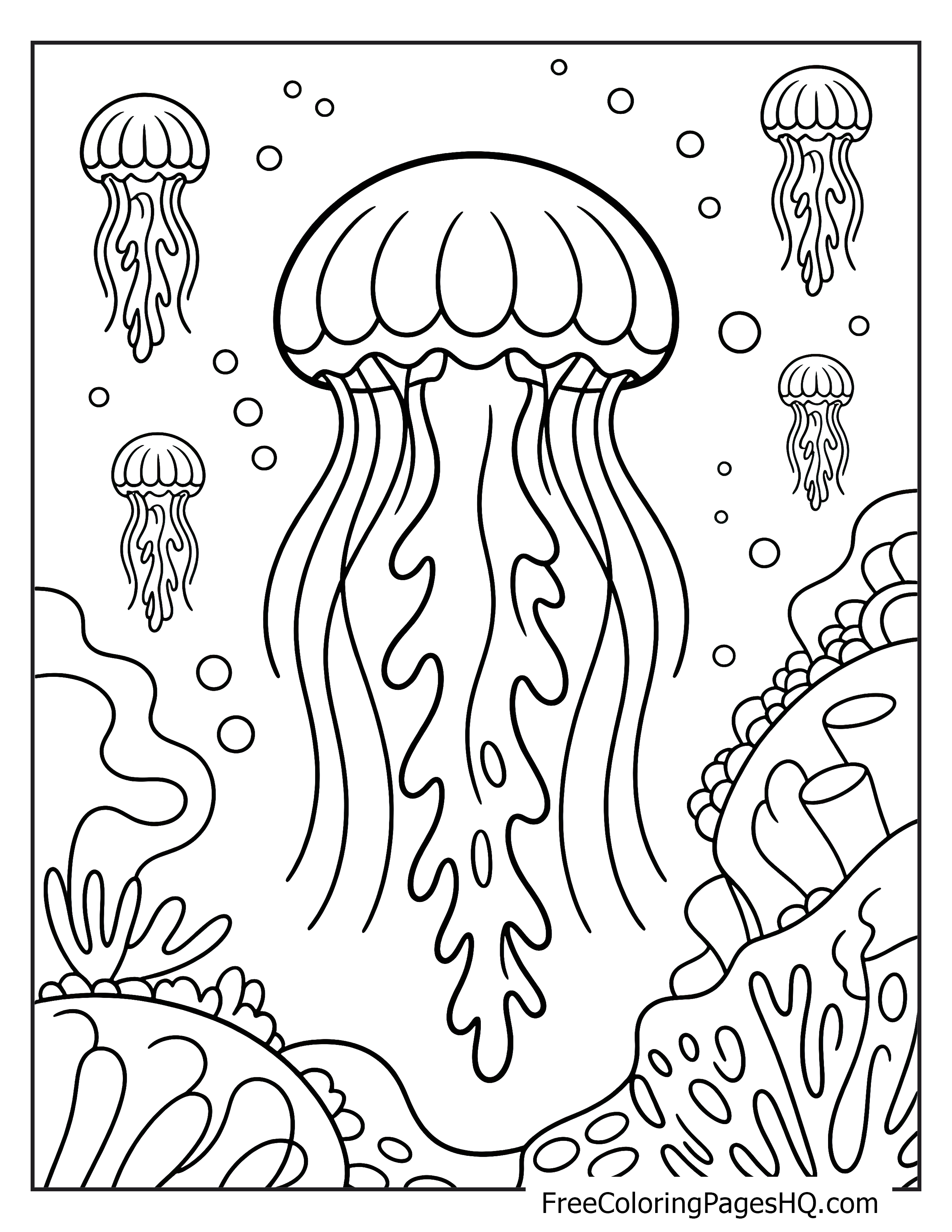 Jellyfish gliding among bubbles with coral reefs in the background.