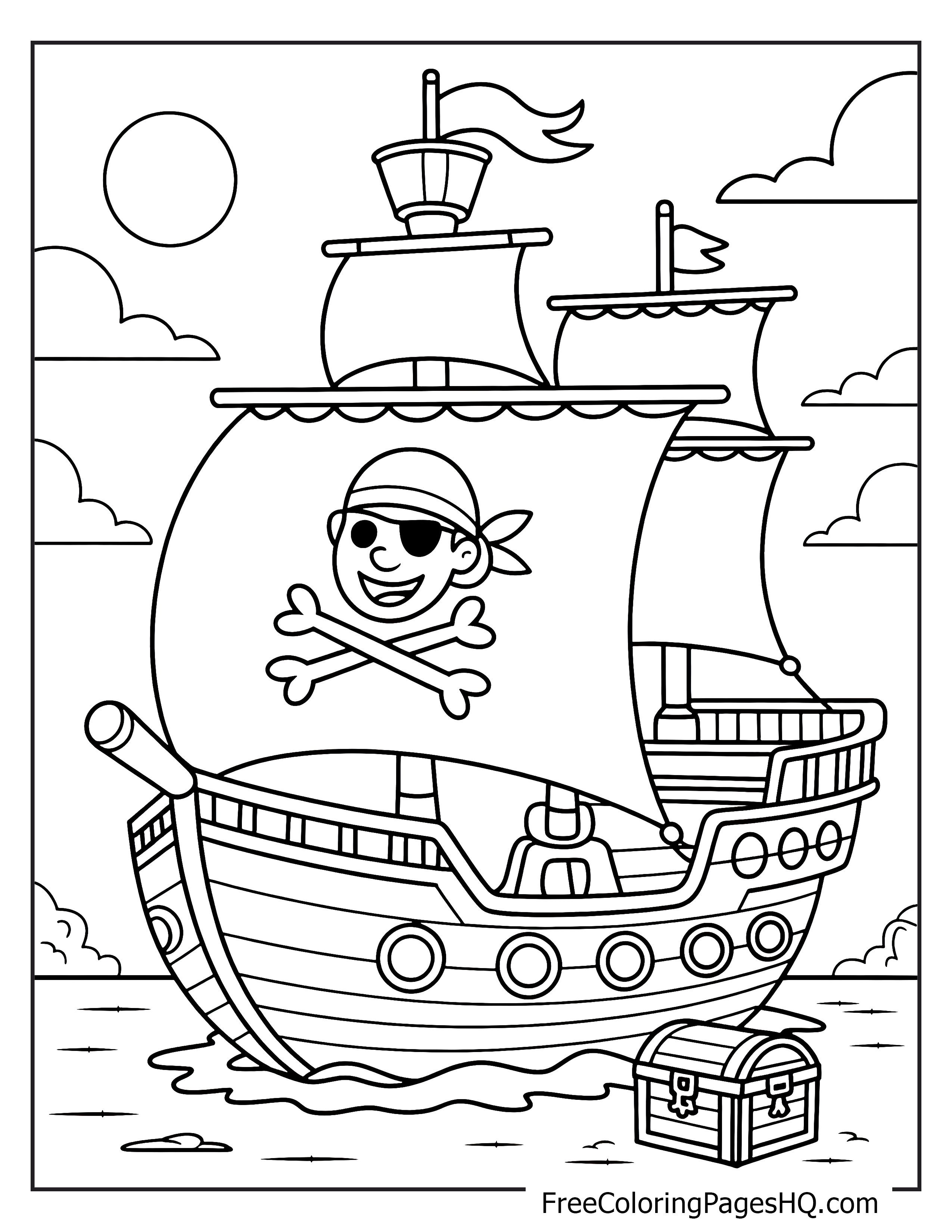 A joyful pirate on a ship with large sails, cruising under a bright sun.