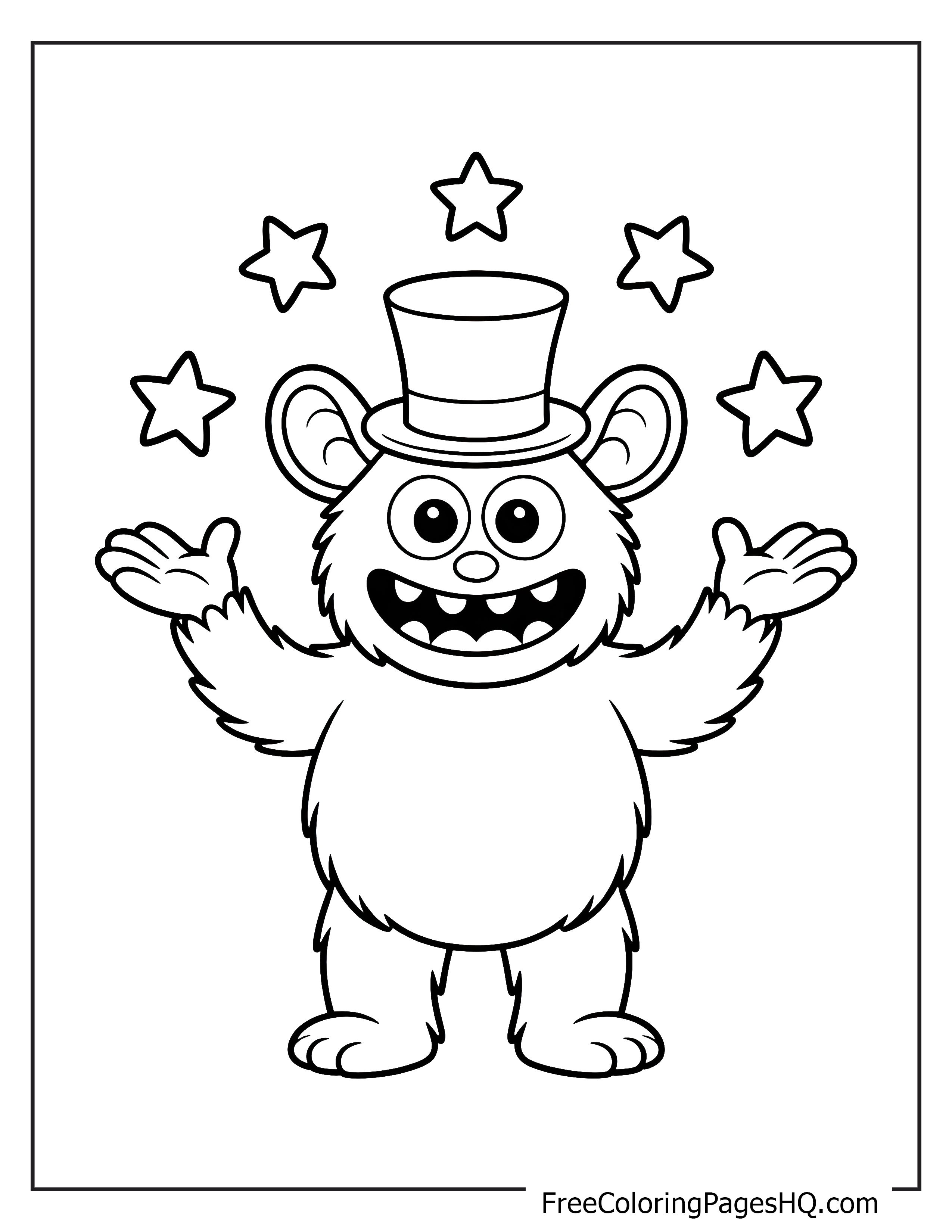 A smiling bear in a top hat waves with stars around it.
