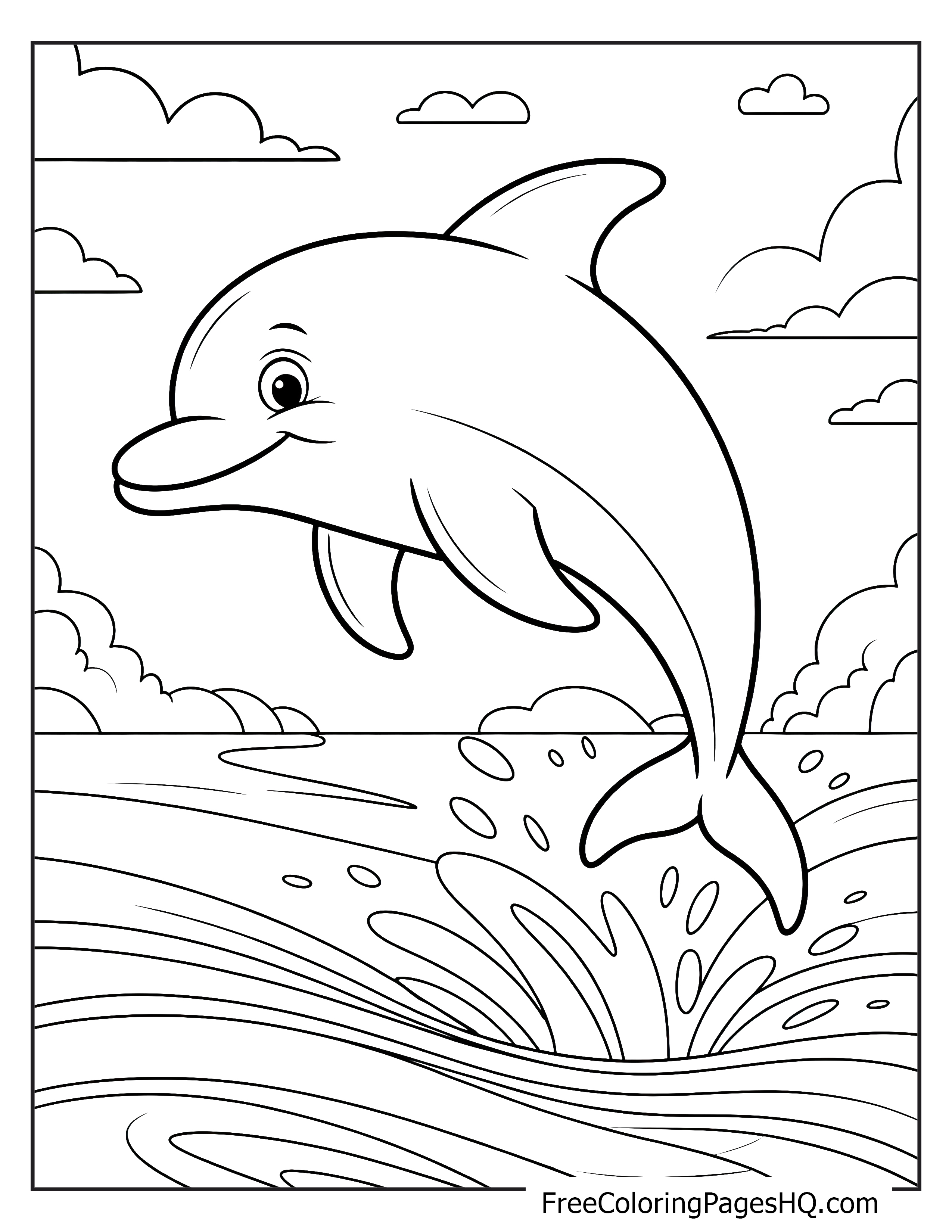 A dolphin jumps out of the ocean with a cheerful expression under a sky with clouds.