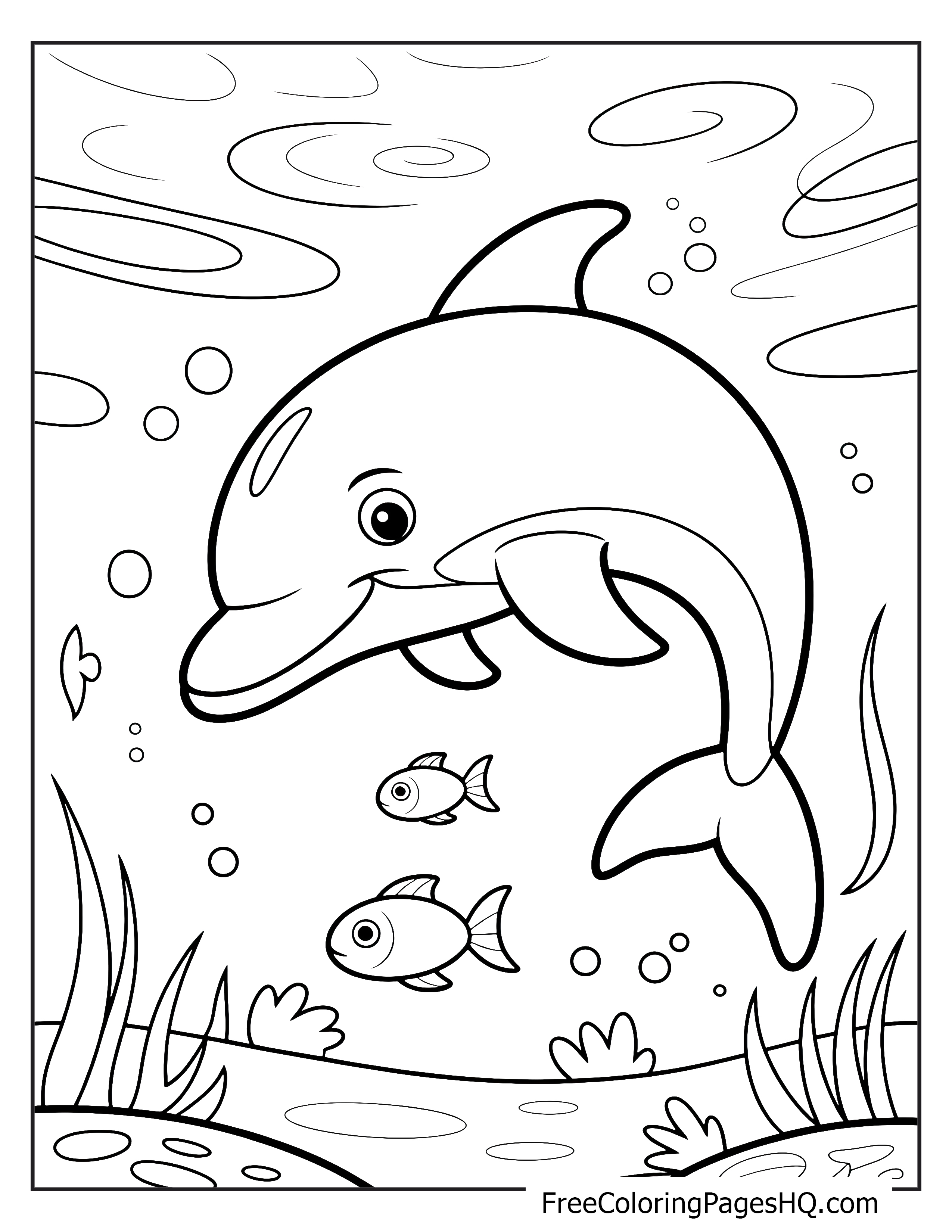 A happy dolphin swimming underwater with two fish and bubbles around.