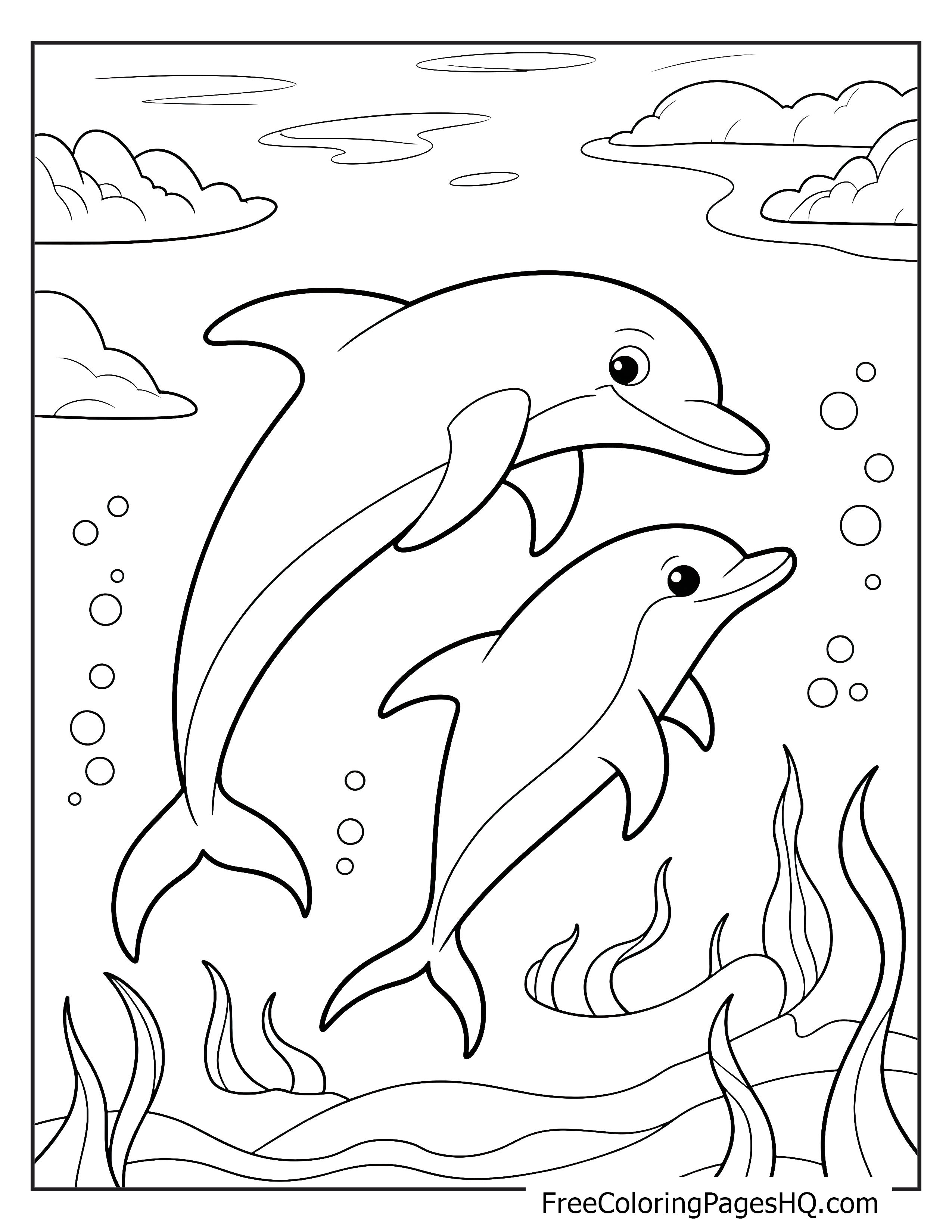 Two dolphins joyfully swimming in the sea with clouds above and bubbles around.