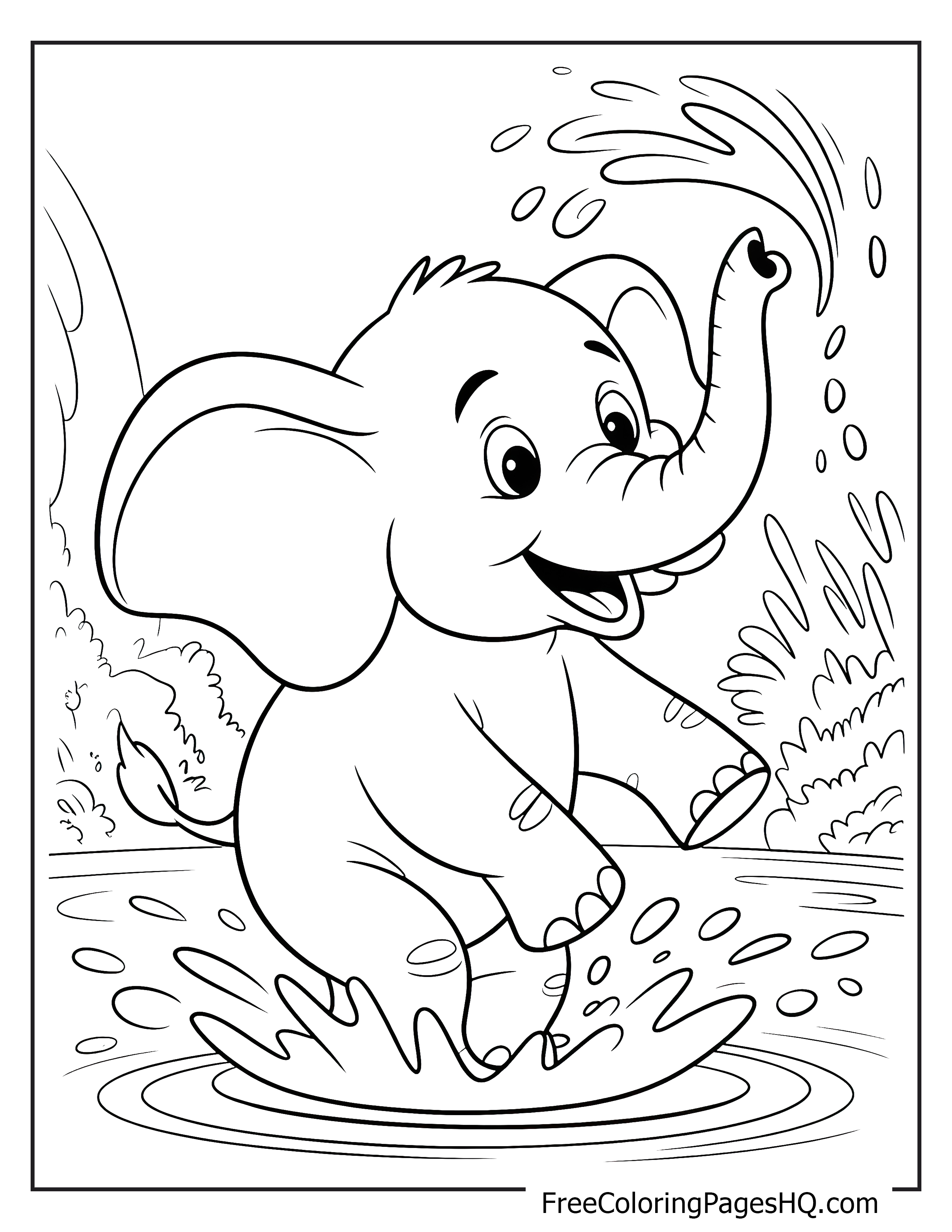 A happy baby elephant splashing in water with a big smile.