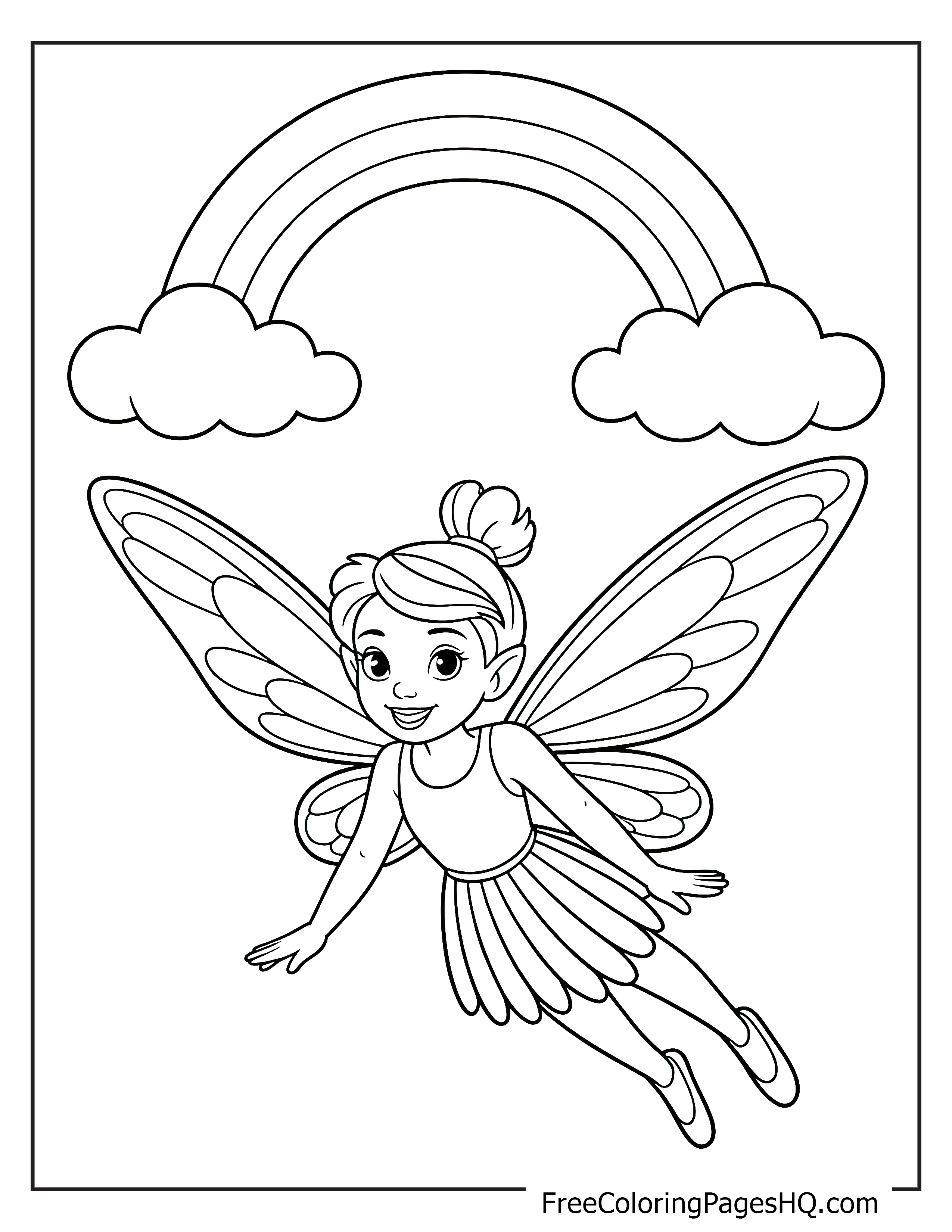 A smiling fairy flying under a colorful rainbow.