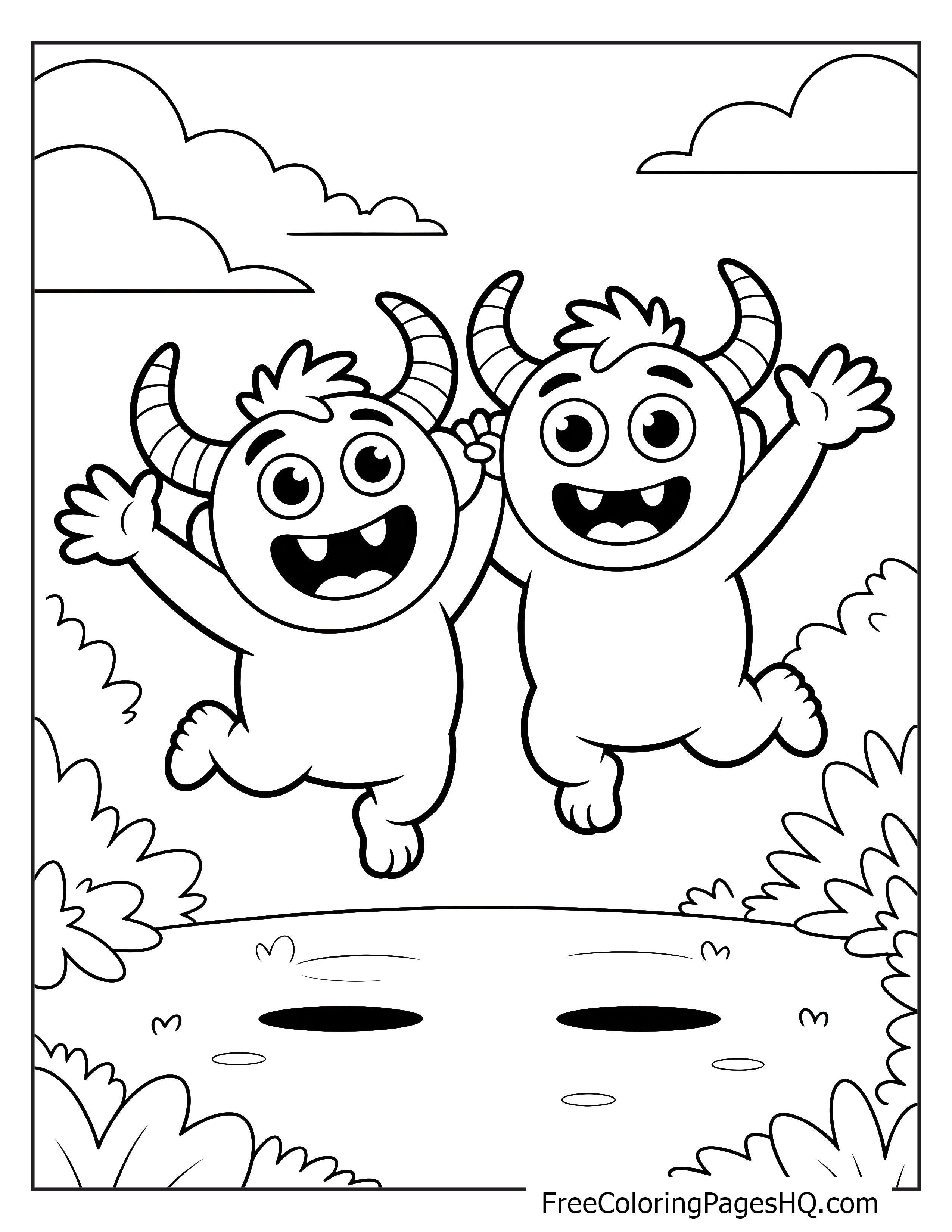 Two cheerful monsters with horns joyfully jumping in a field beneath a cloudy sky.