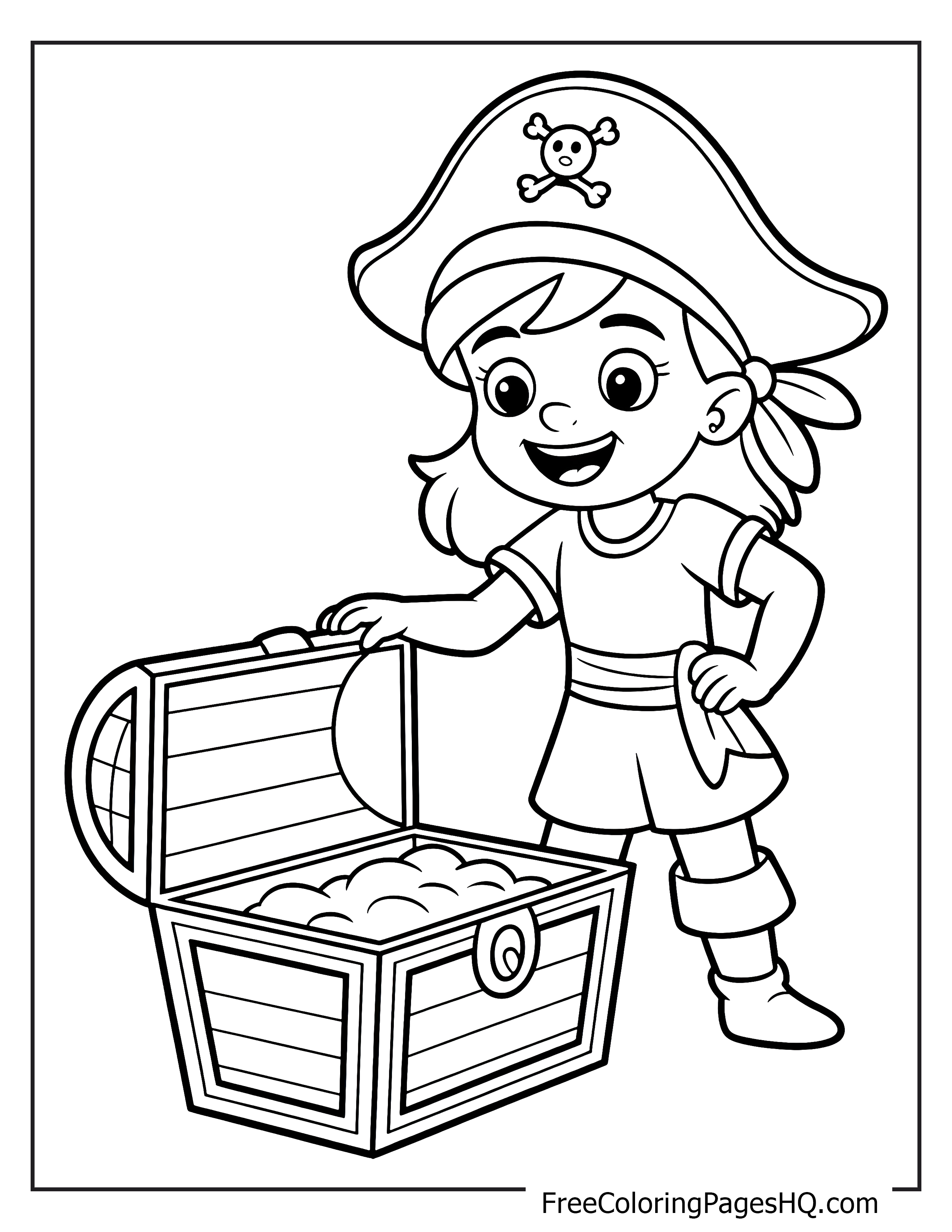 A smiling young girl dressed as a pirate stands beside an open treasure chest filled with gold.