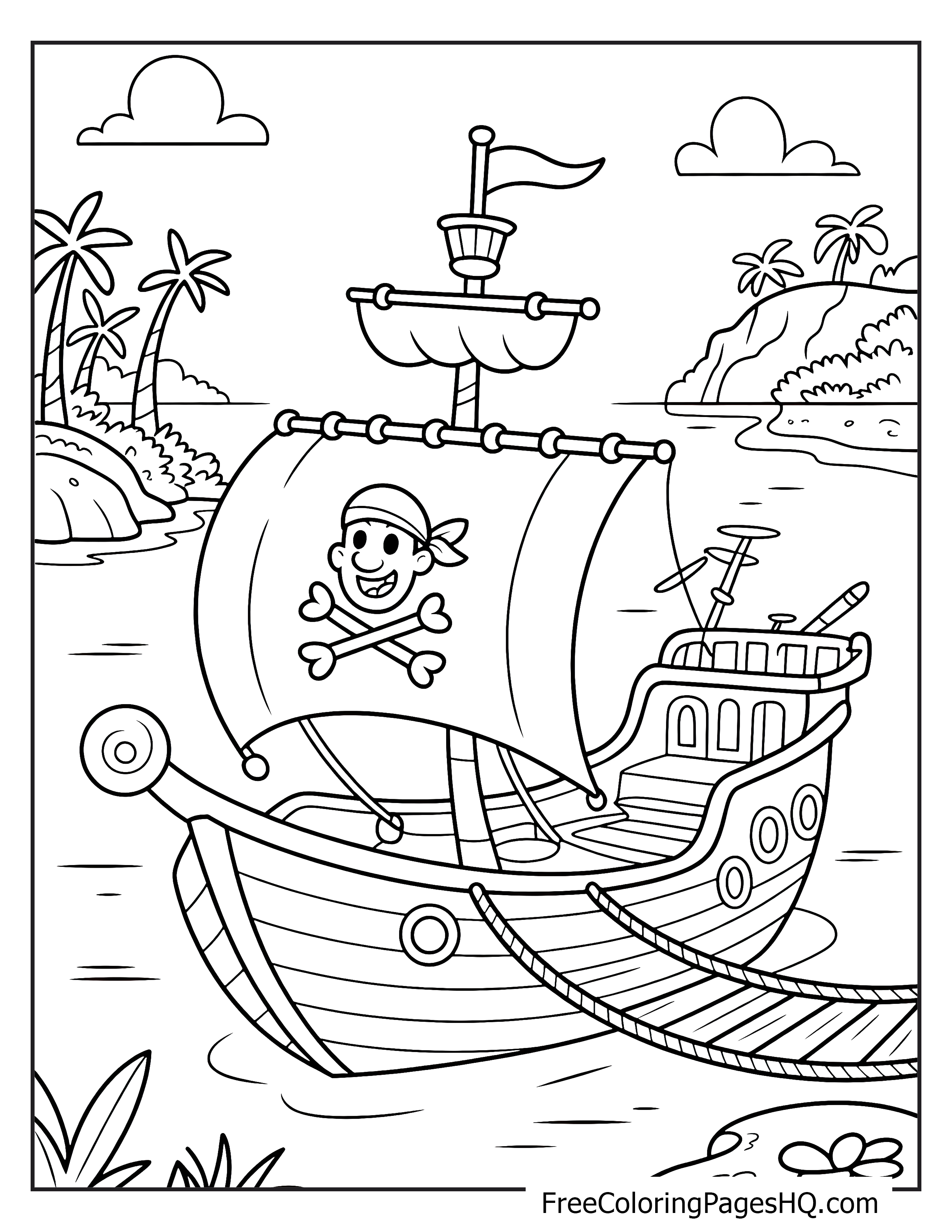 A happy pirate on a ship sailing in a bay near a beach with palm trees.