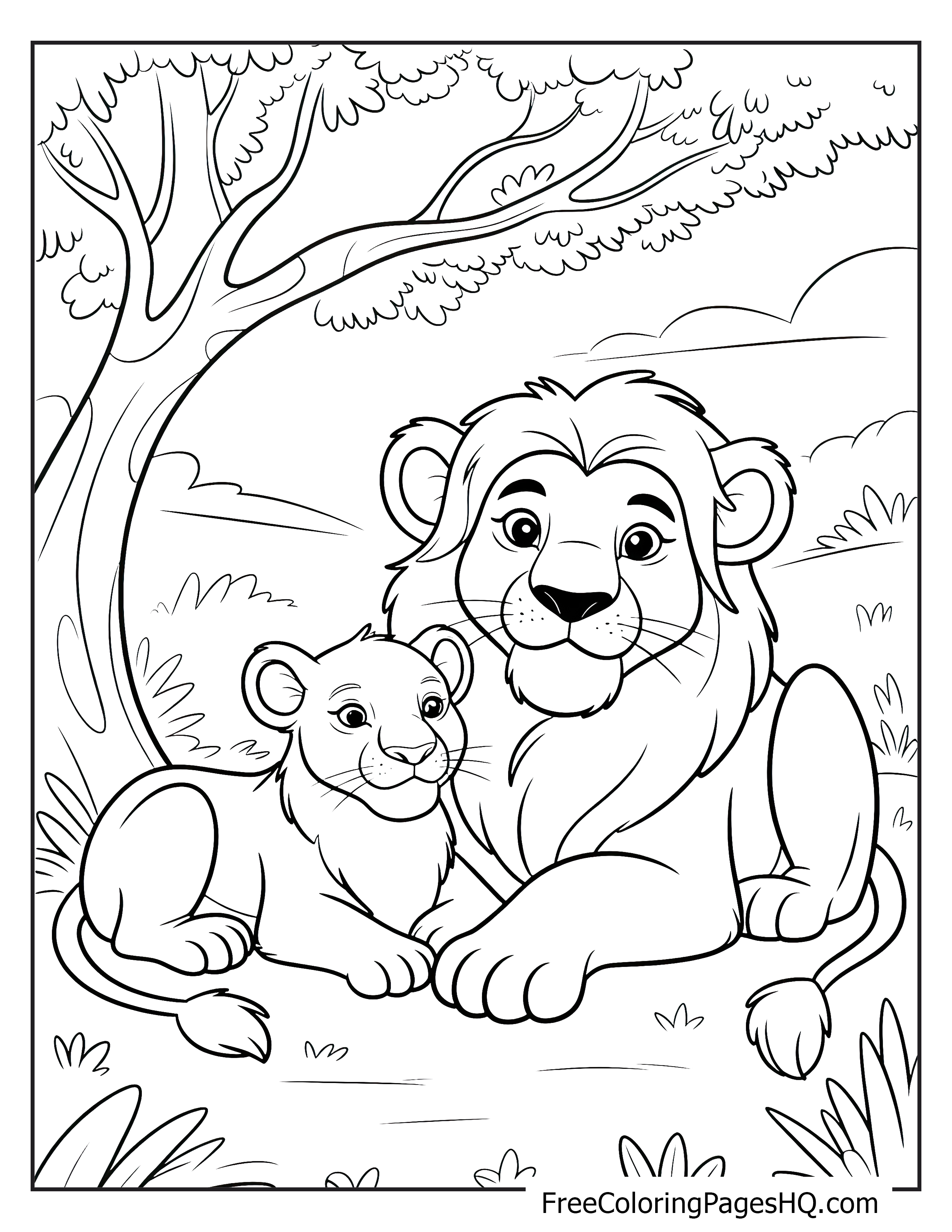 A lion and a cub sitting under a tree in the sunshine.