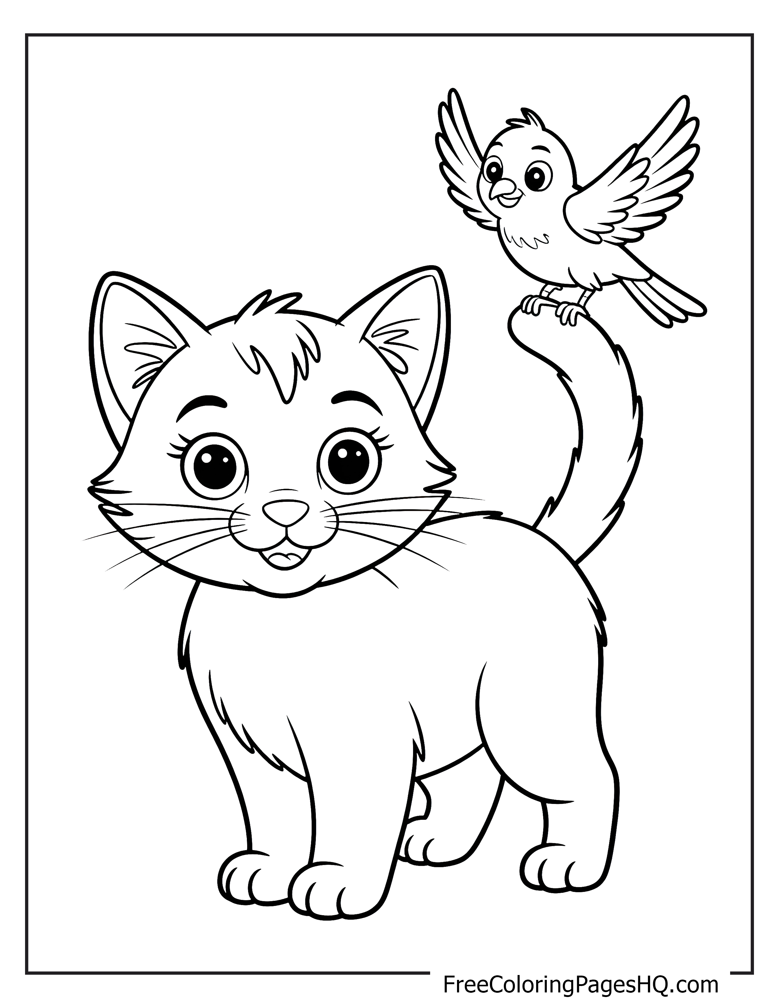 Kitten with a bird perched on its tail.