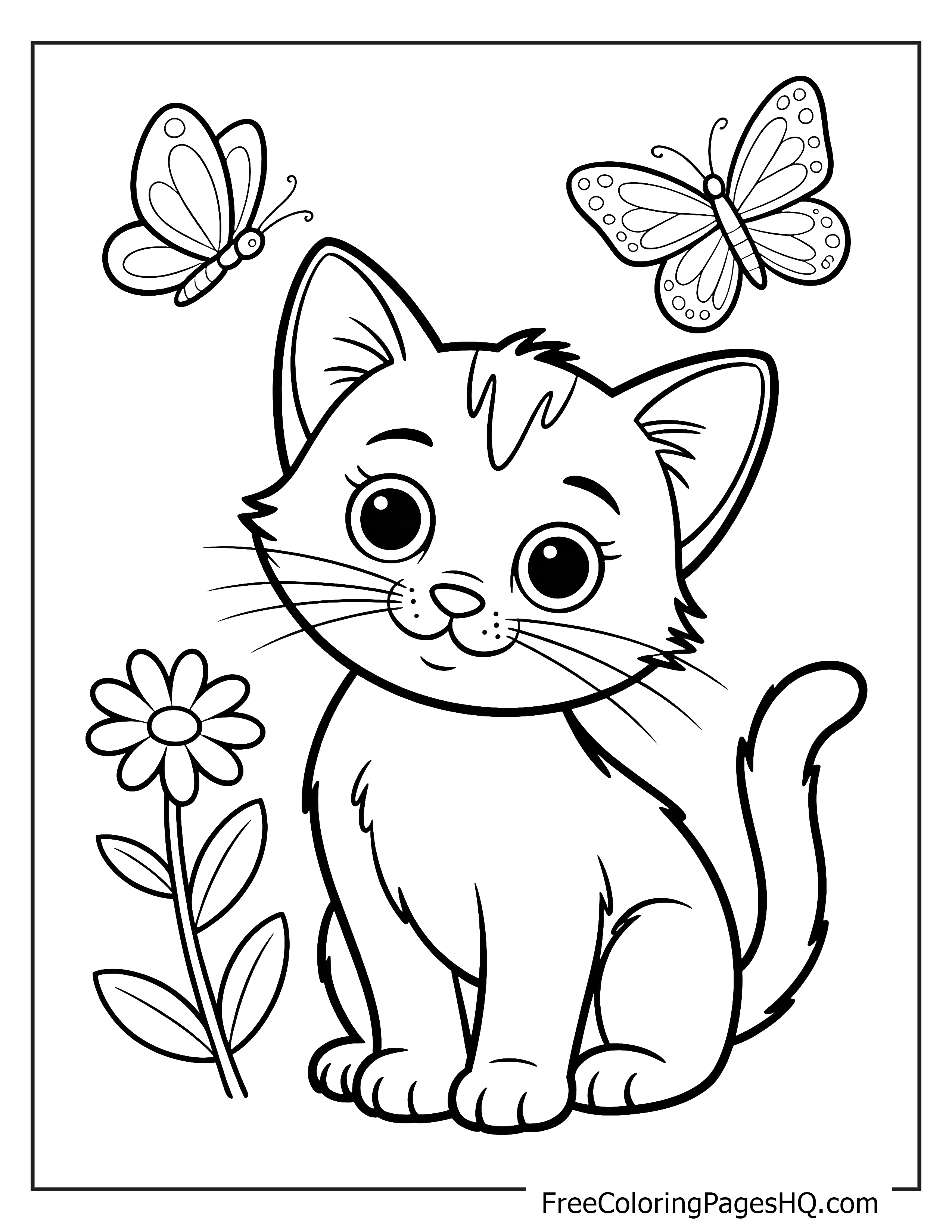 Adorable kitten with butterflies and a flower.