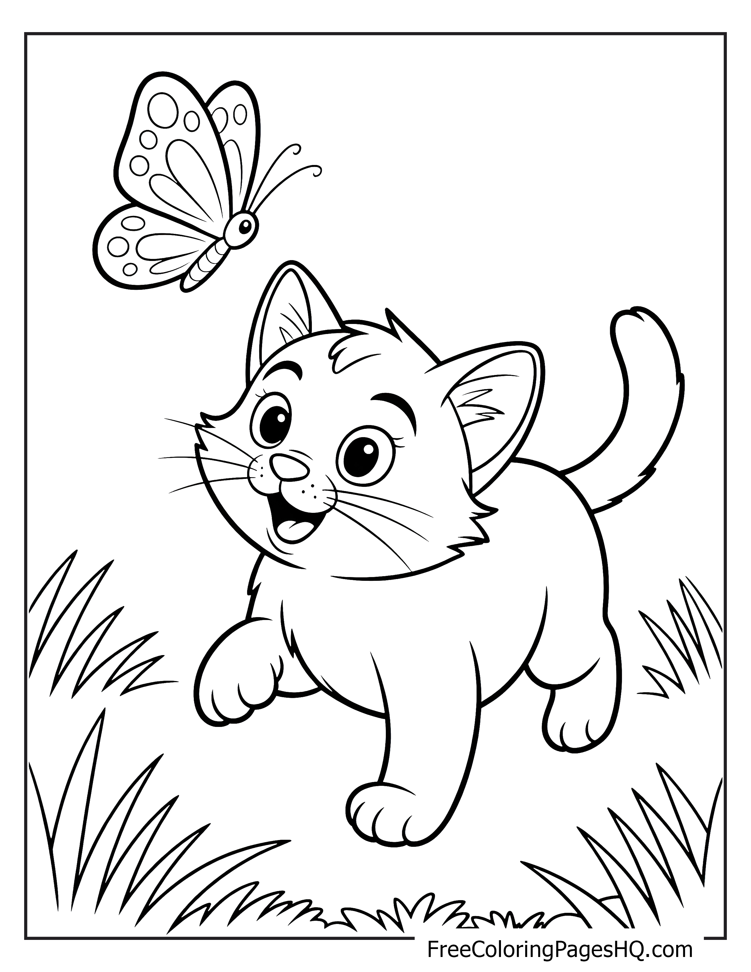 Kitten playing with a butterfly illustration.