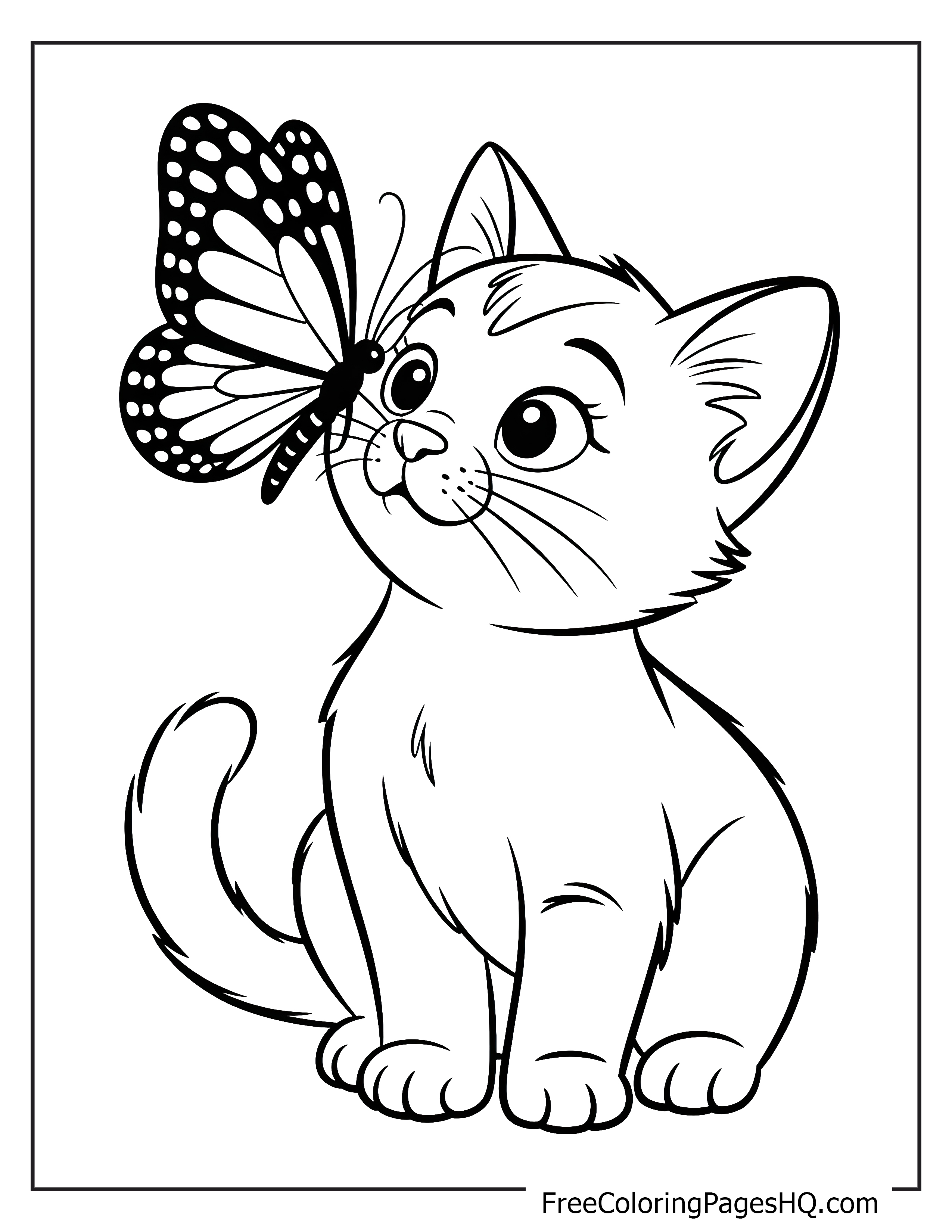 Kitten looking at a butterfly on its nose.