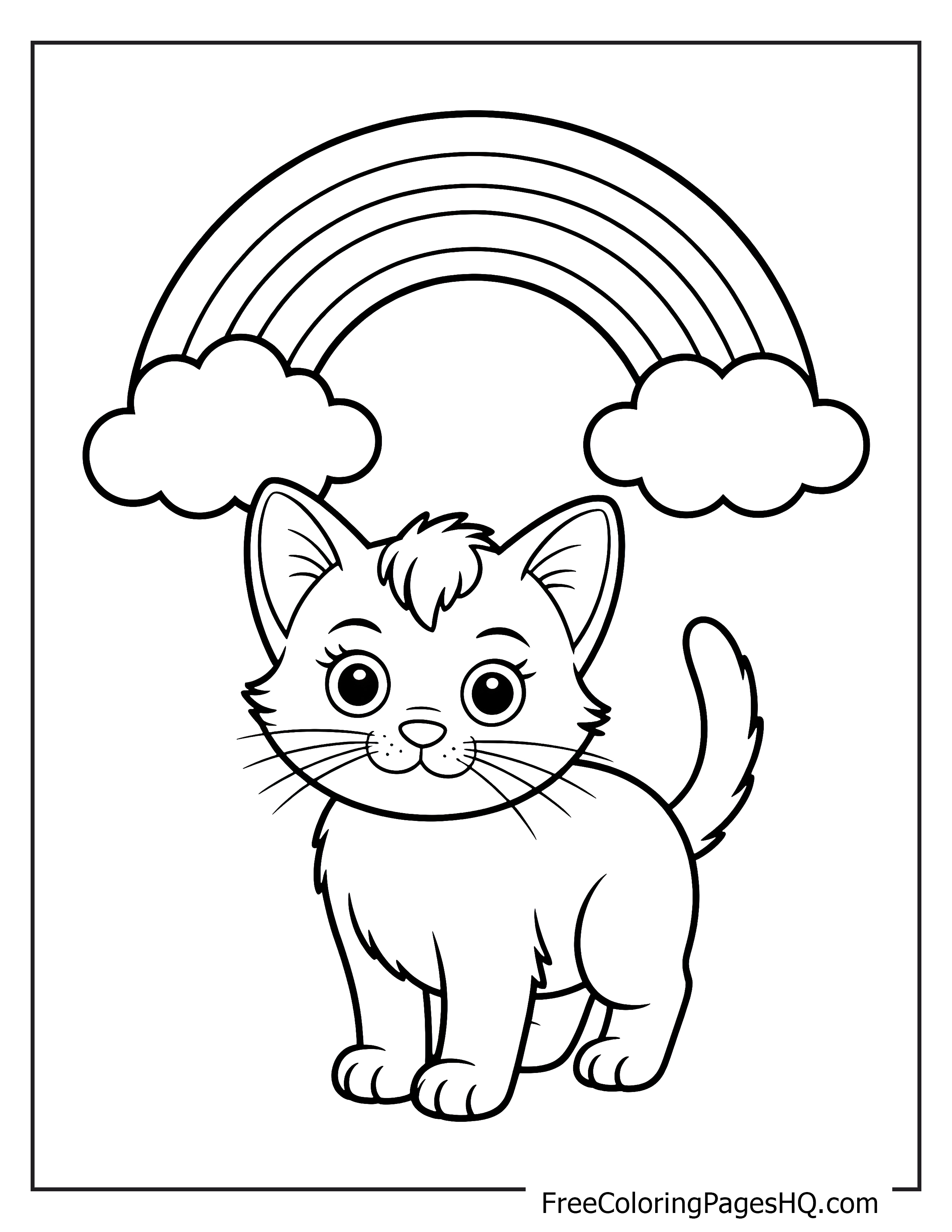 A playful kitten beneath a bright rainbow and clouds.
