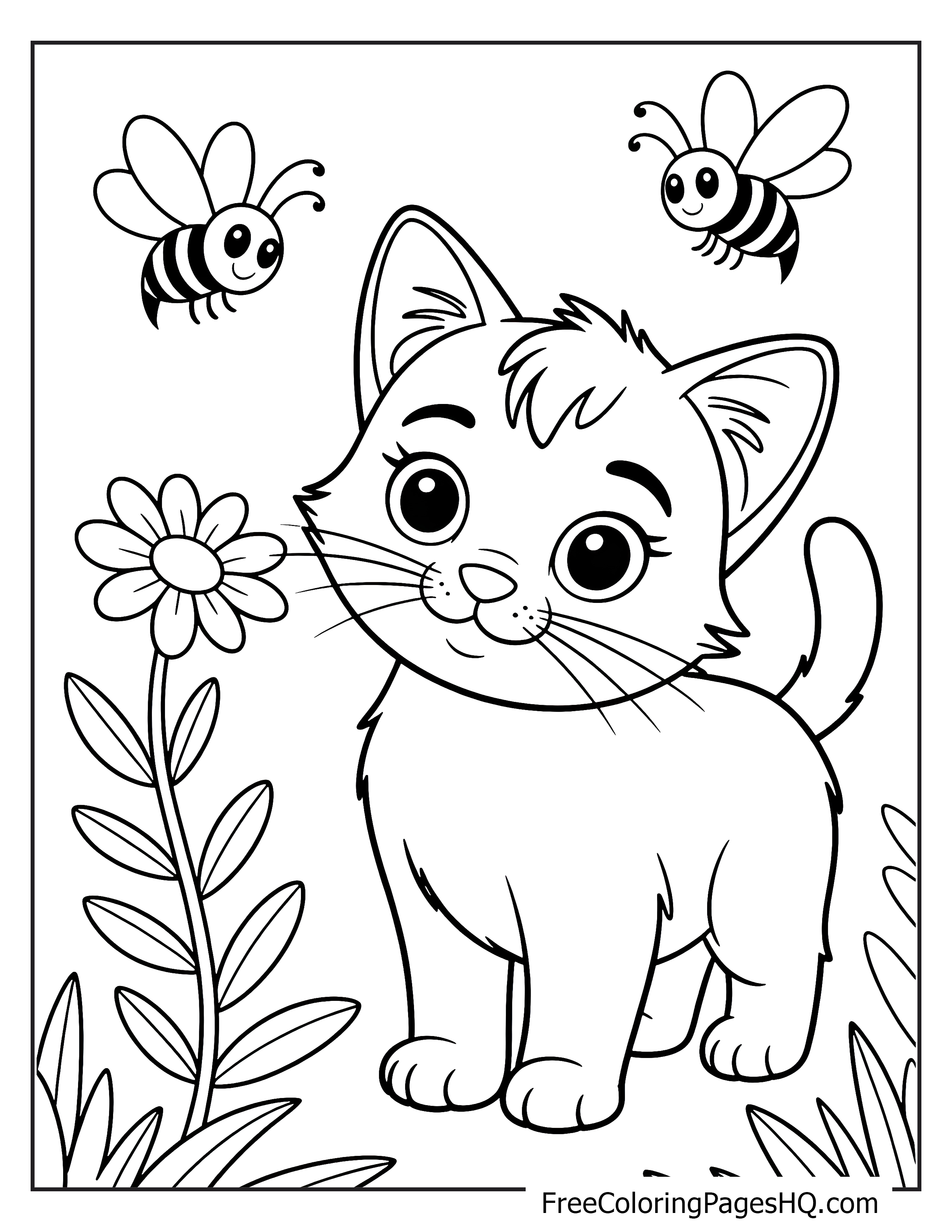Illustration of a kitten with bees and a flower.