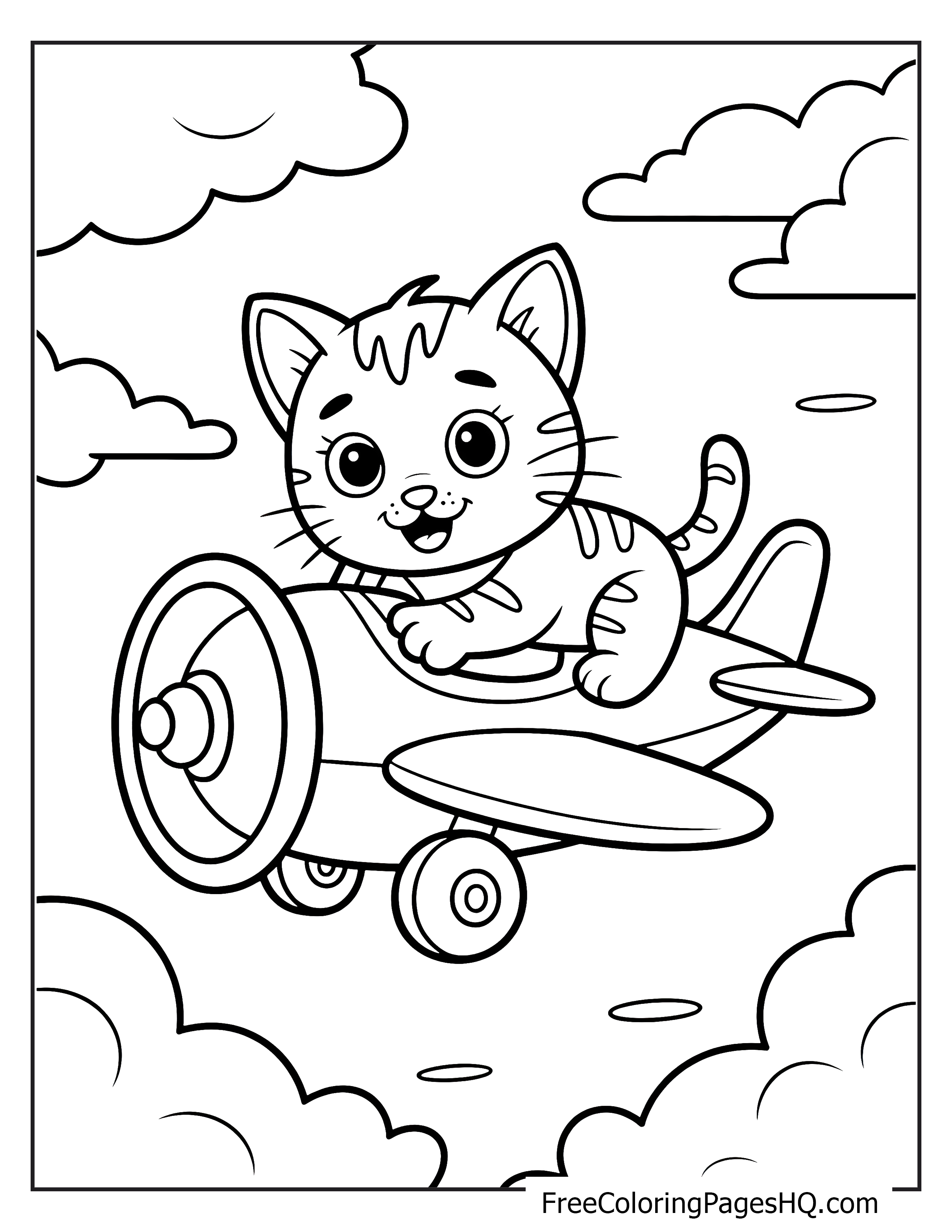 Adorable kitten piloting an airplane through the sky.