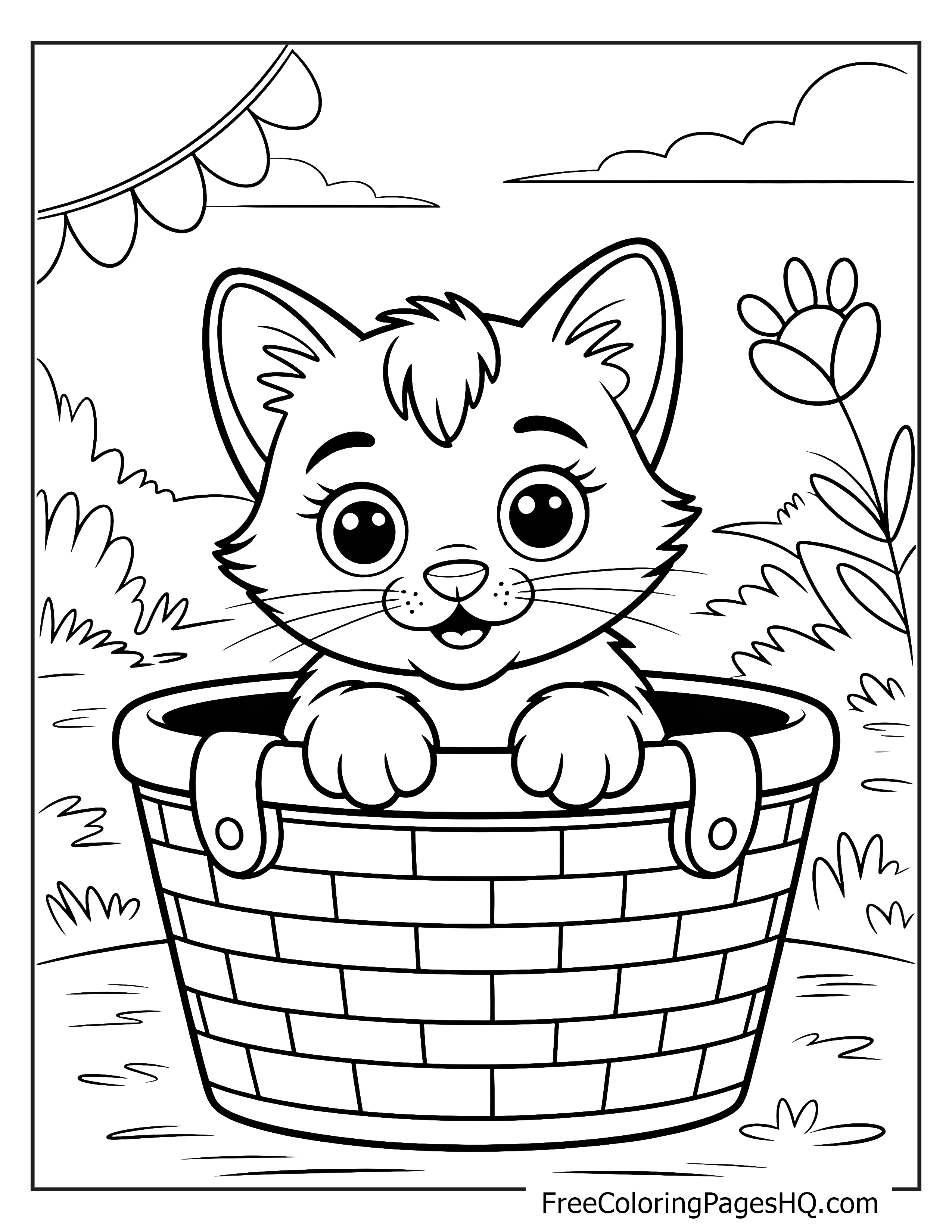 Adorable kitten popping its head out of a basket in a garden setting.