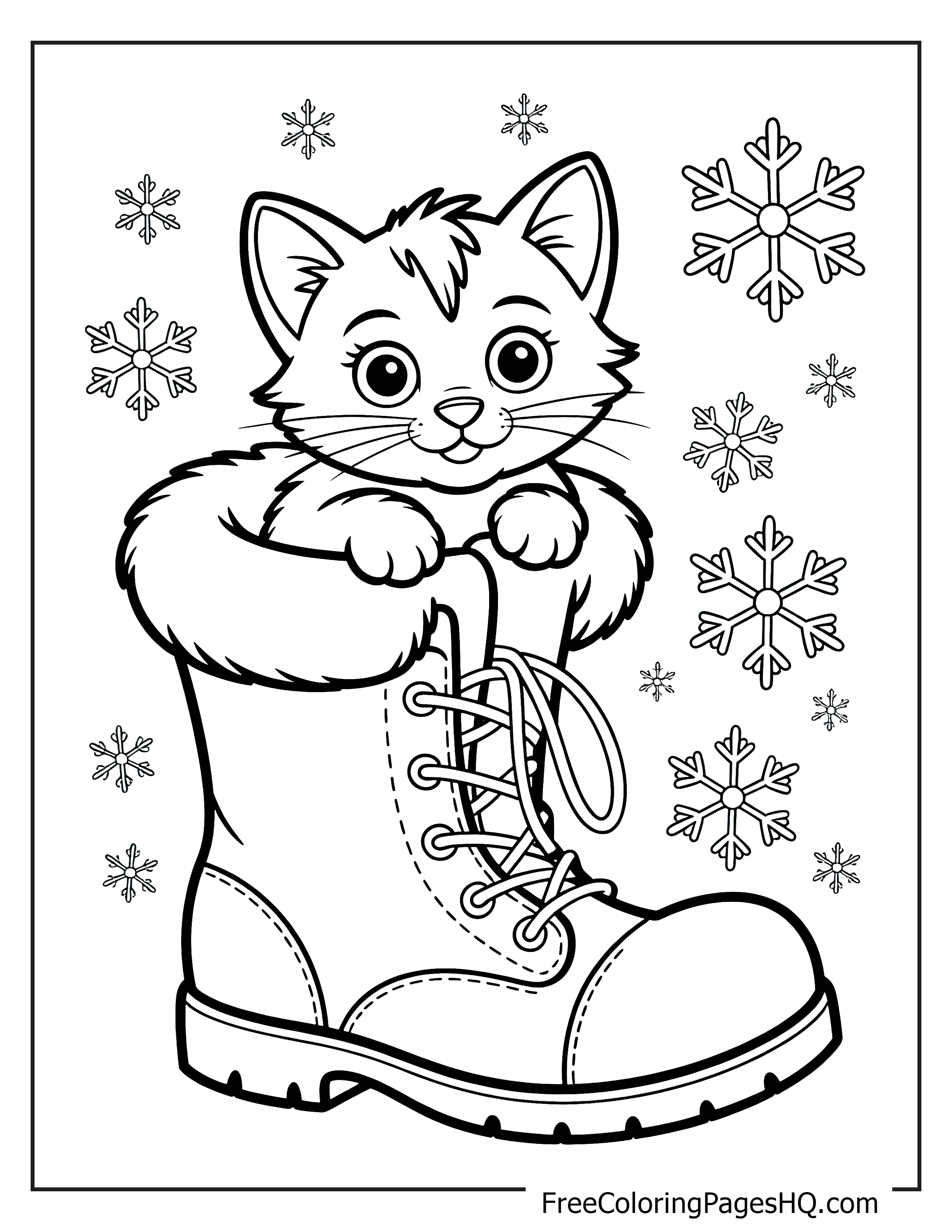 Adorable kitten in boot with snowflakes around.