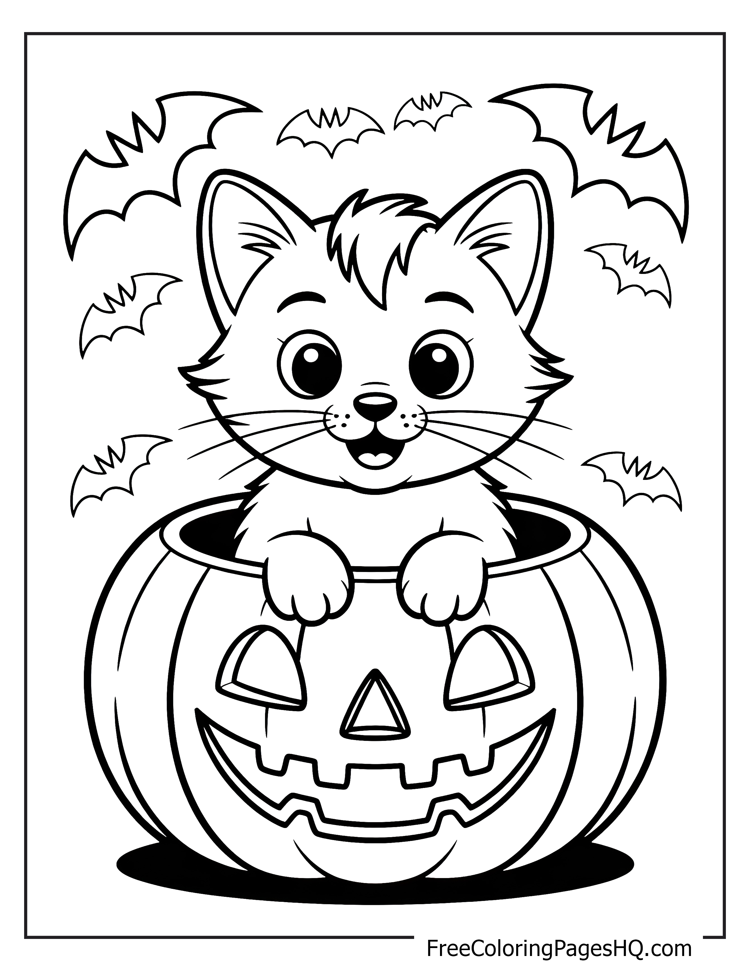 Kitten inside a carved pumpkin with bats overhead.