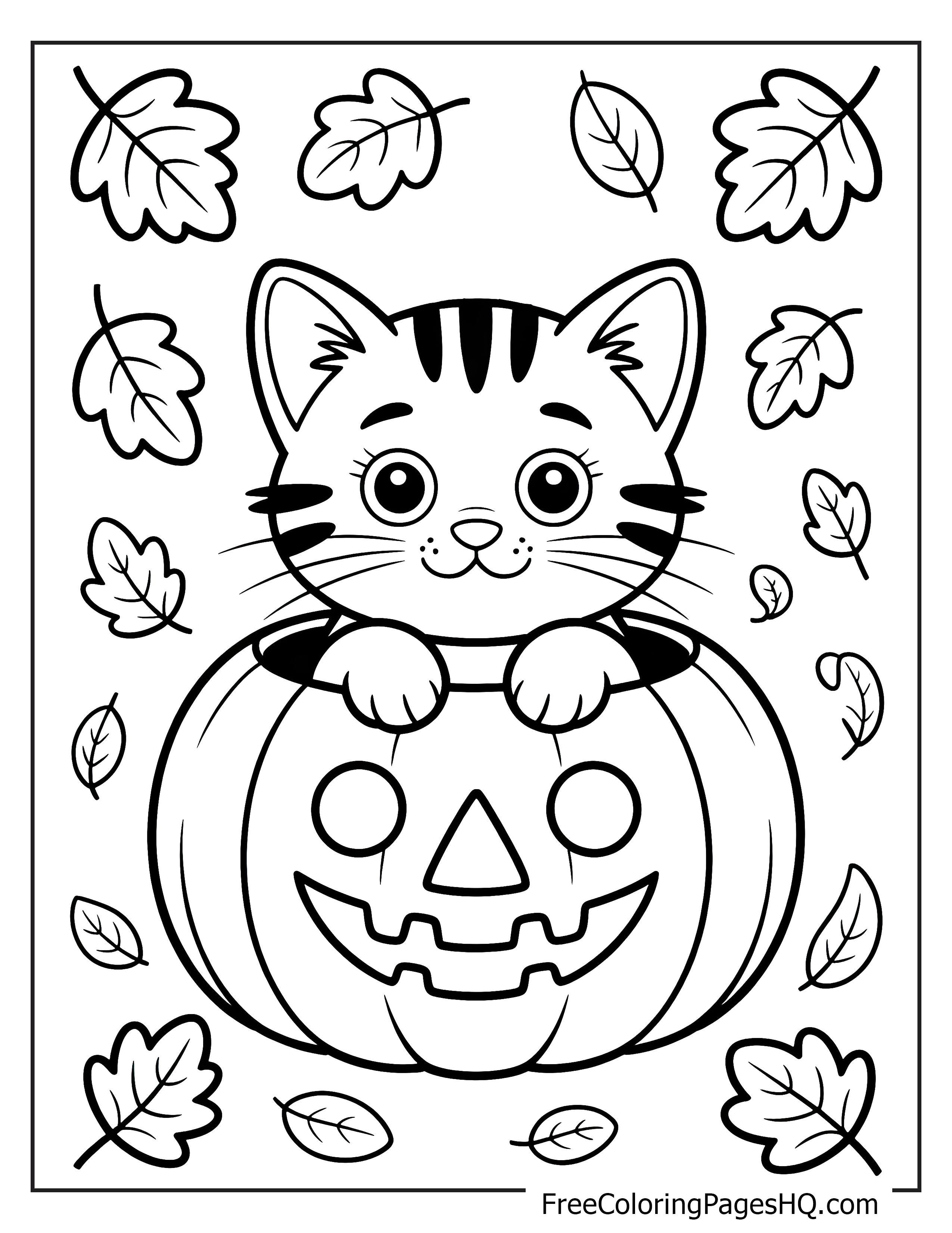 Kitten inside a pumpkin surrounded by leaves.