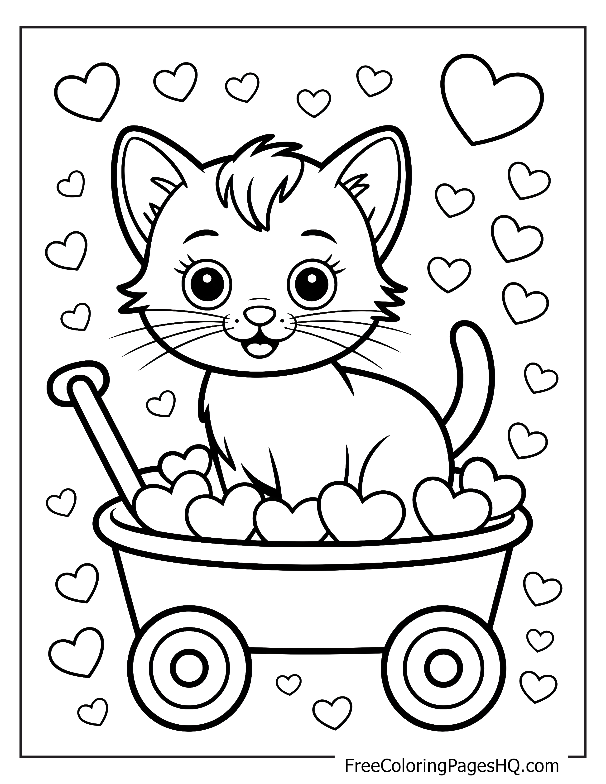 Adorable kitten in a wagon illustration with hearts.