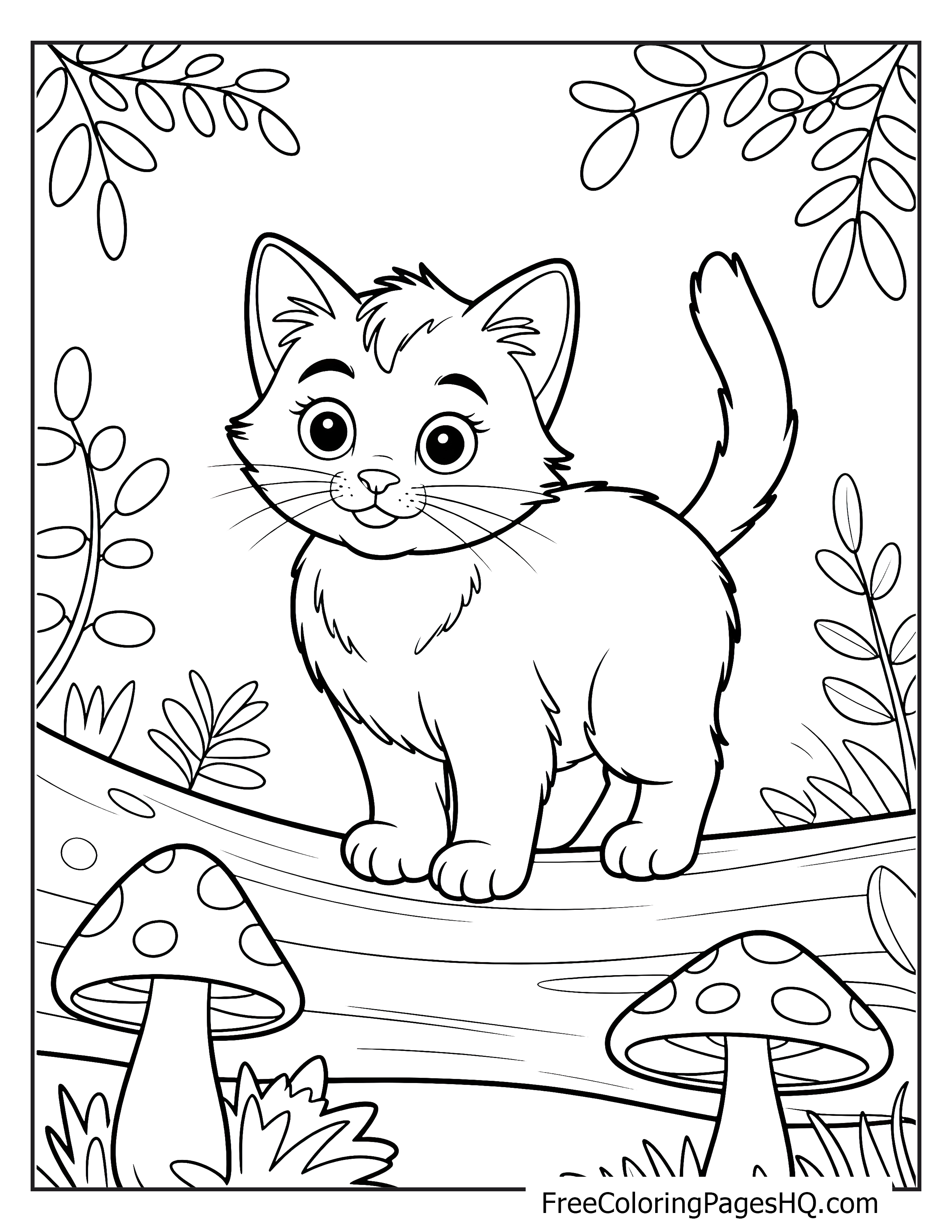 Illustration of a kitten in a forest setting.