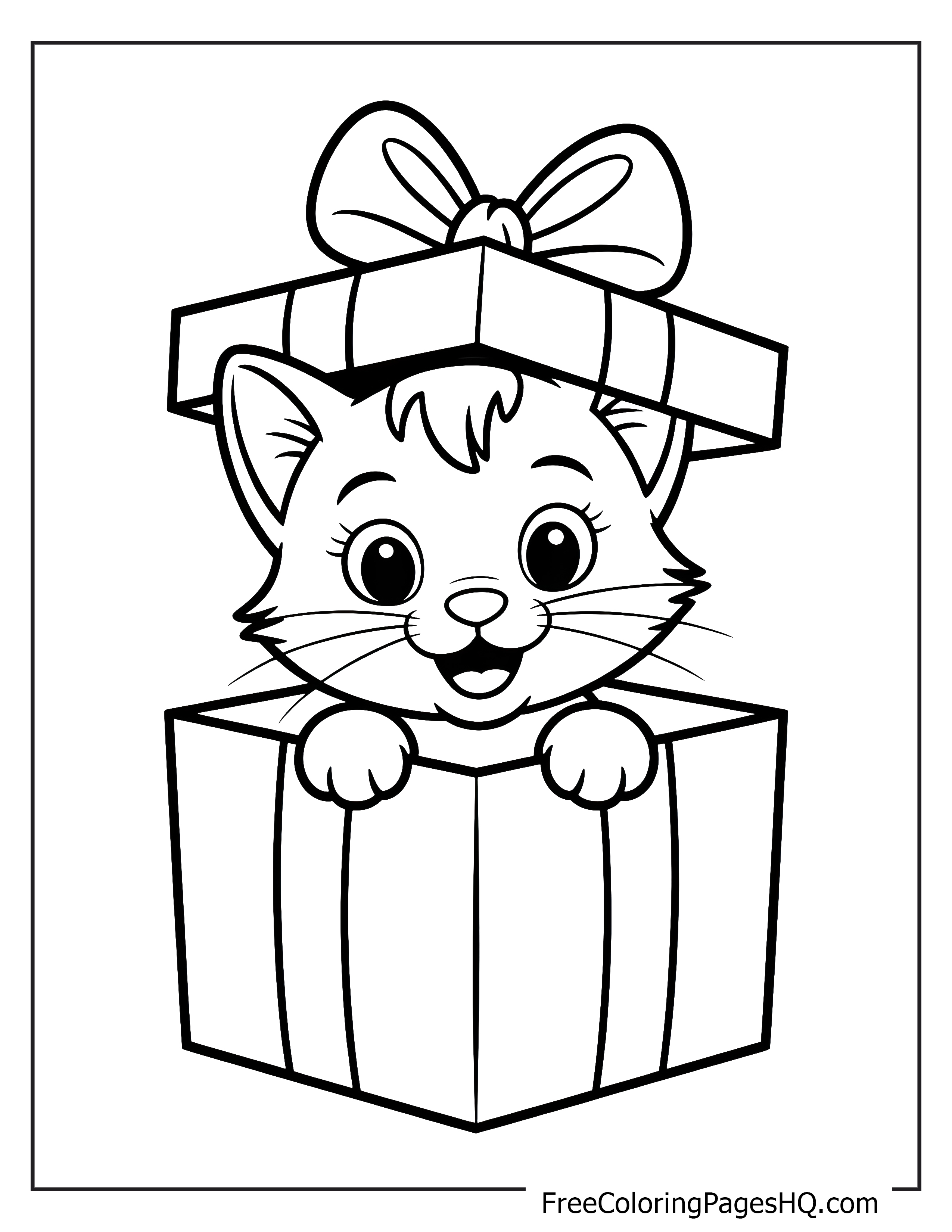 Kitten playfully peeking from a gift box illustration.