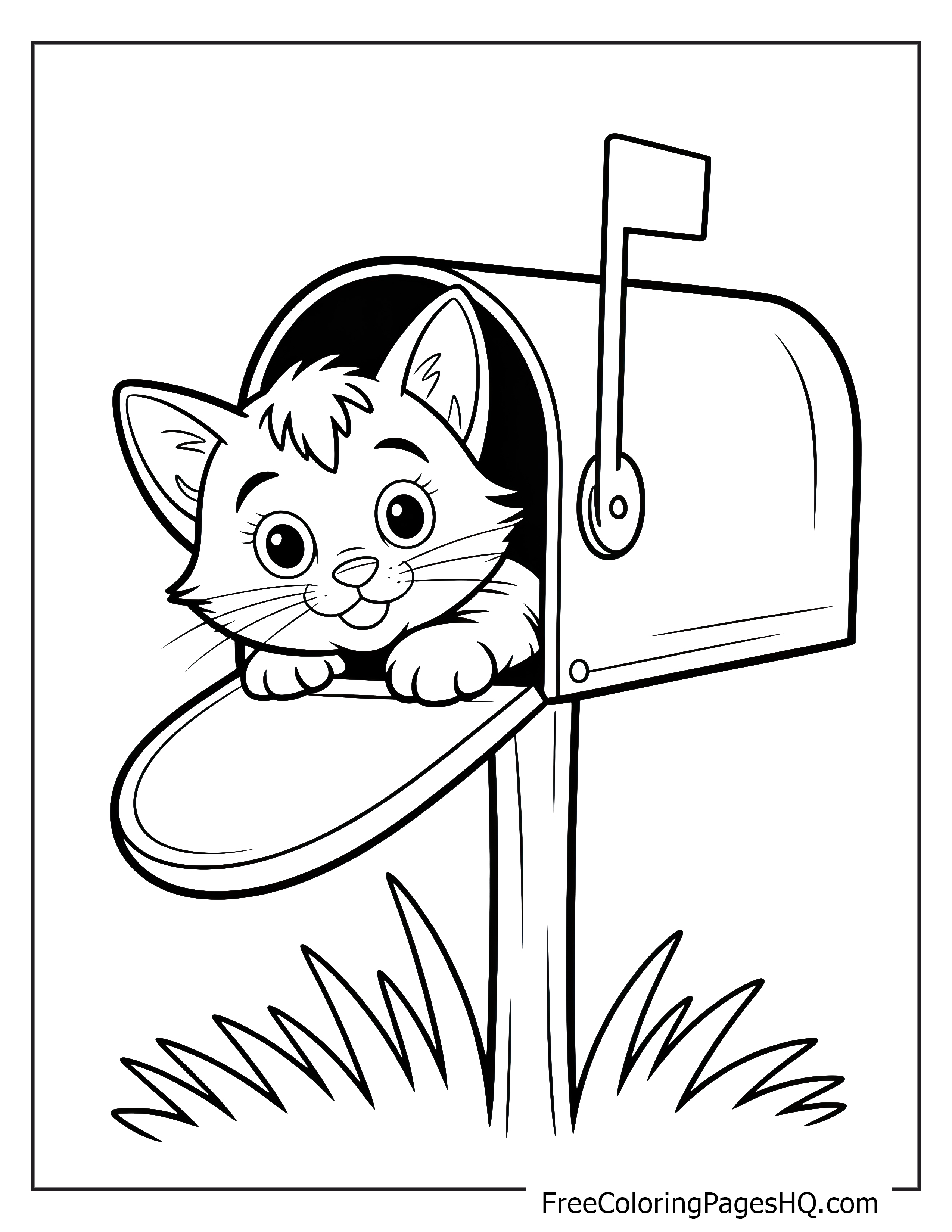 Illustration of a kitten peeking from a mailbox.