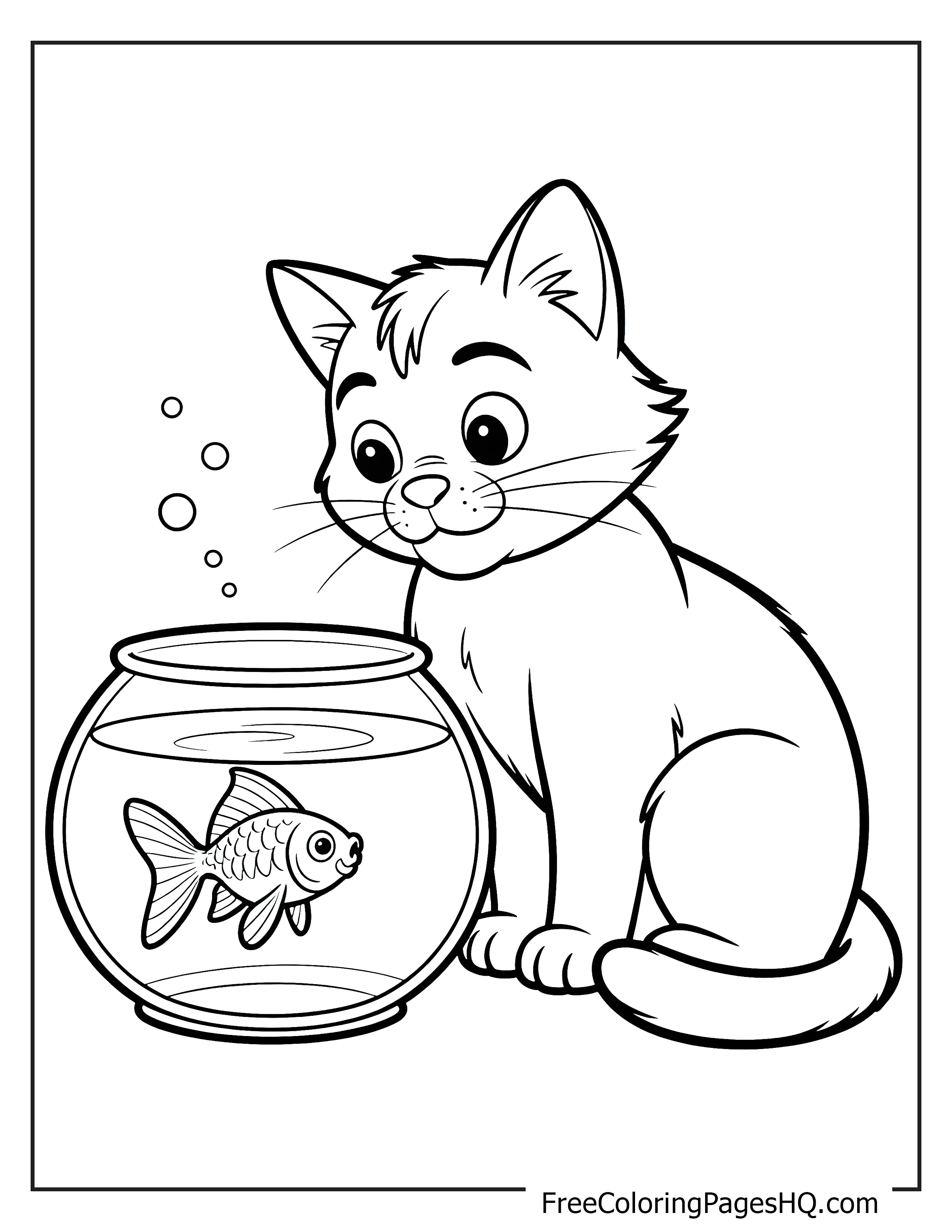Kitten observing goldfish in a fishbowl illustration.