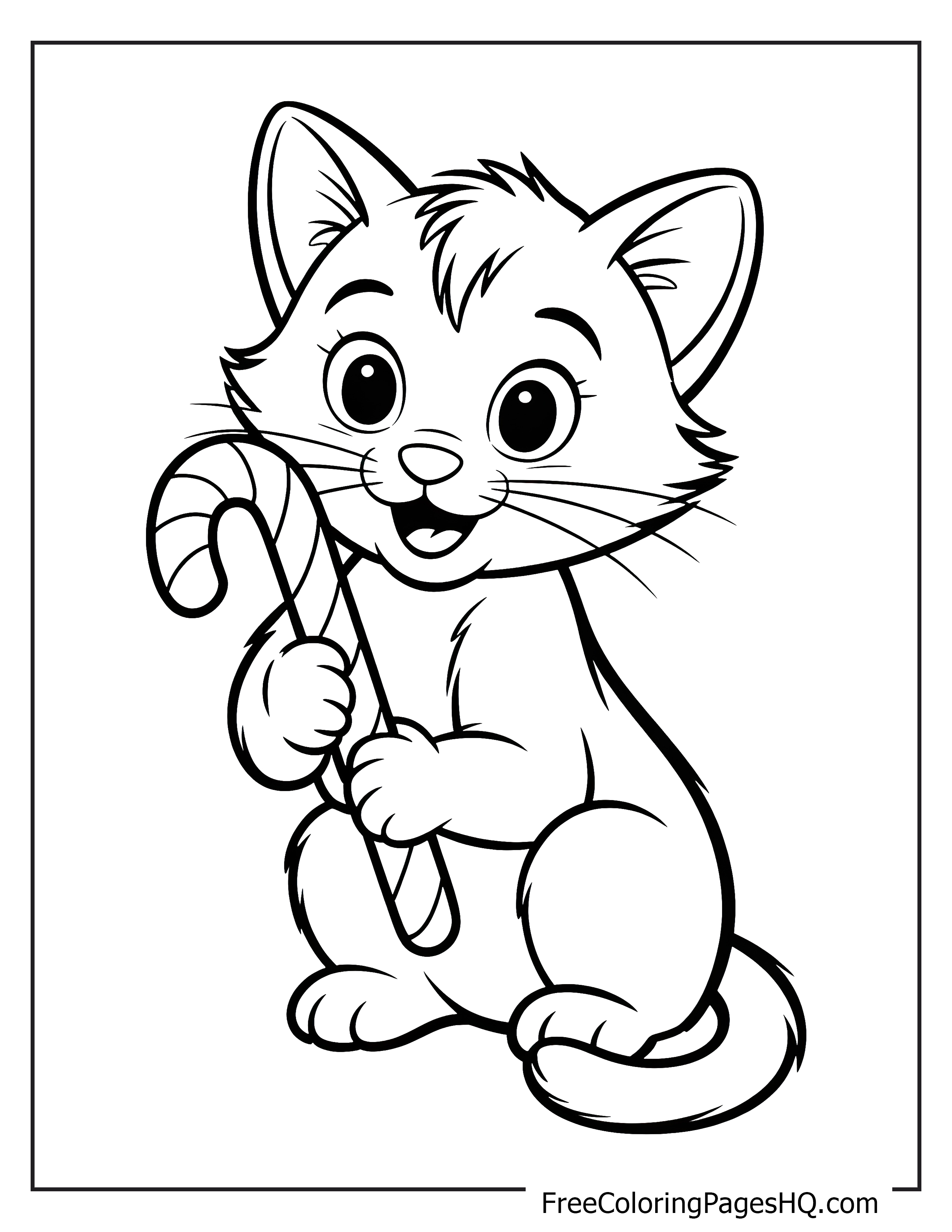 Adorable kitten holding a candy cane illustration.