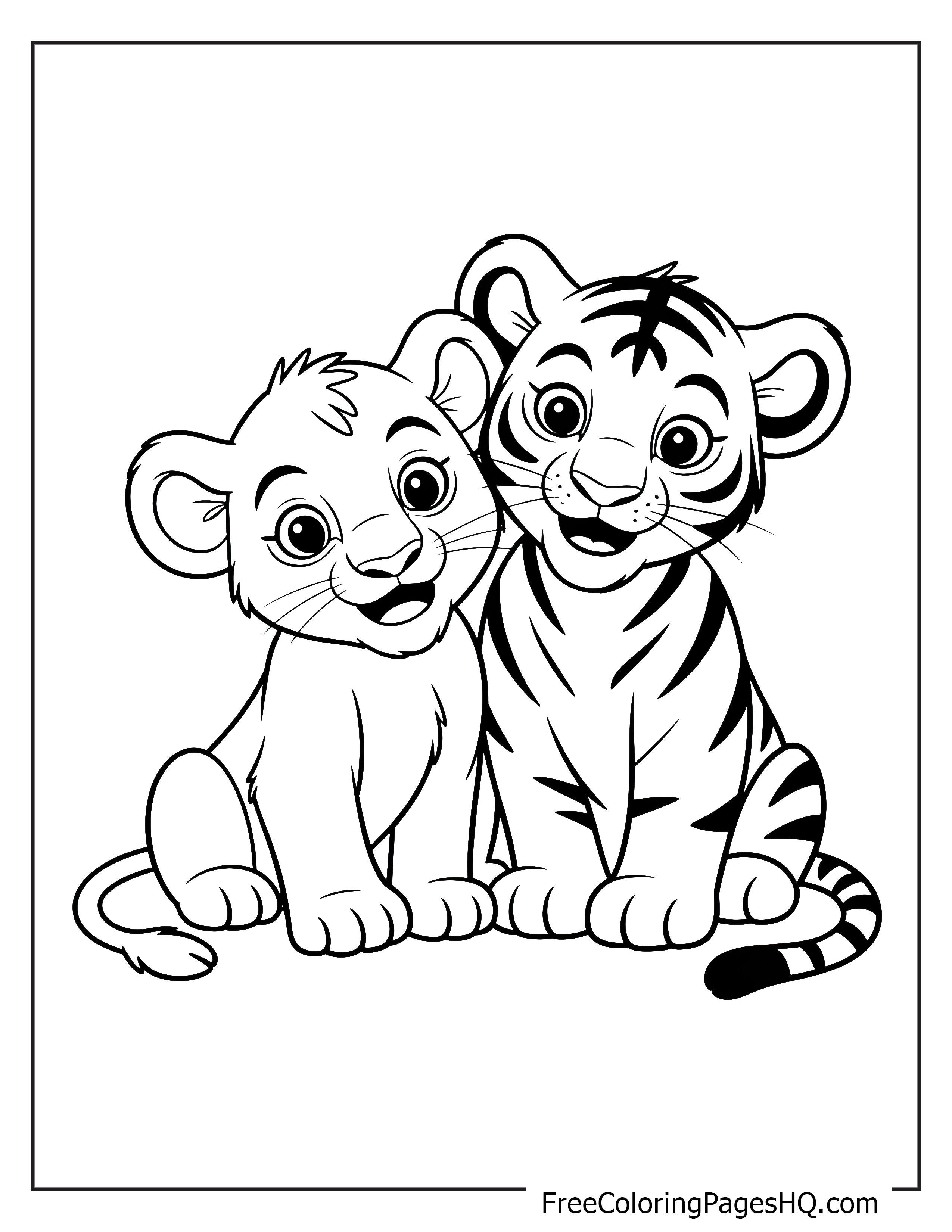 A lion cub and tiger cub sit closely, looking cheerful and content.