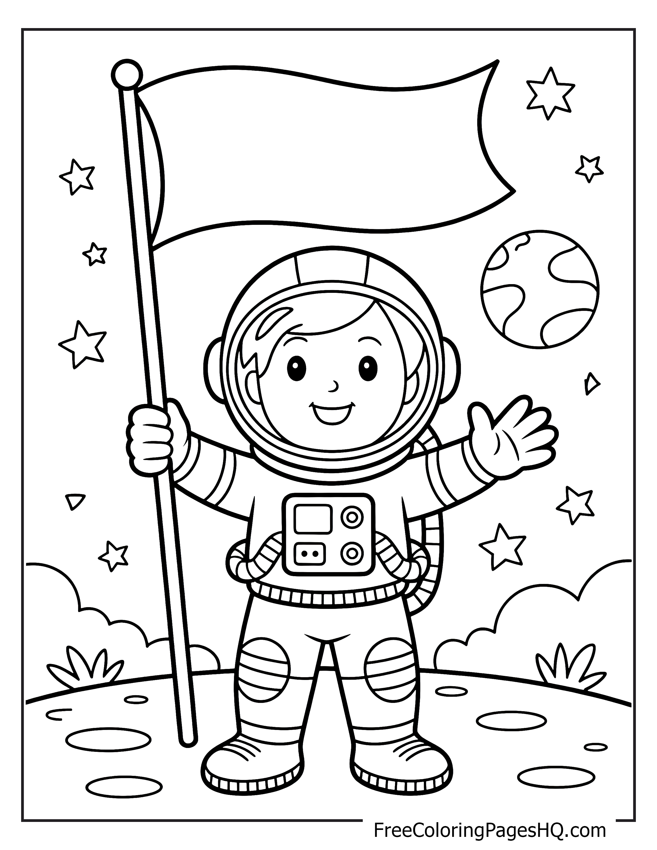 Astronaut standing on the moon with a flag and stars.