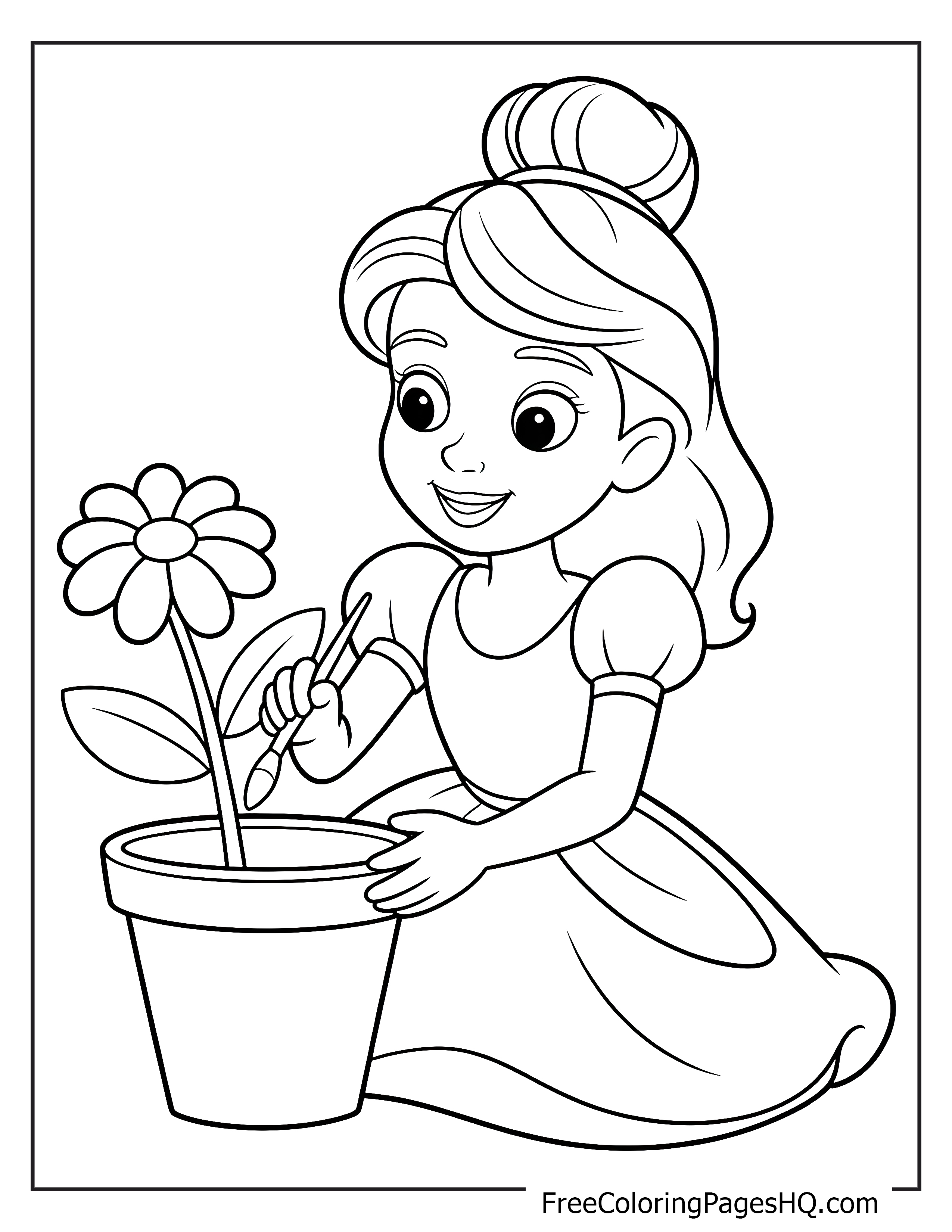 A smiling girl in a dress planting a flower in a pot.