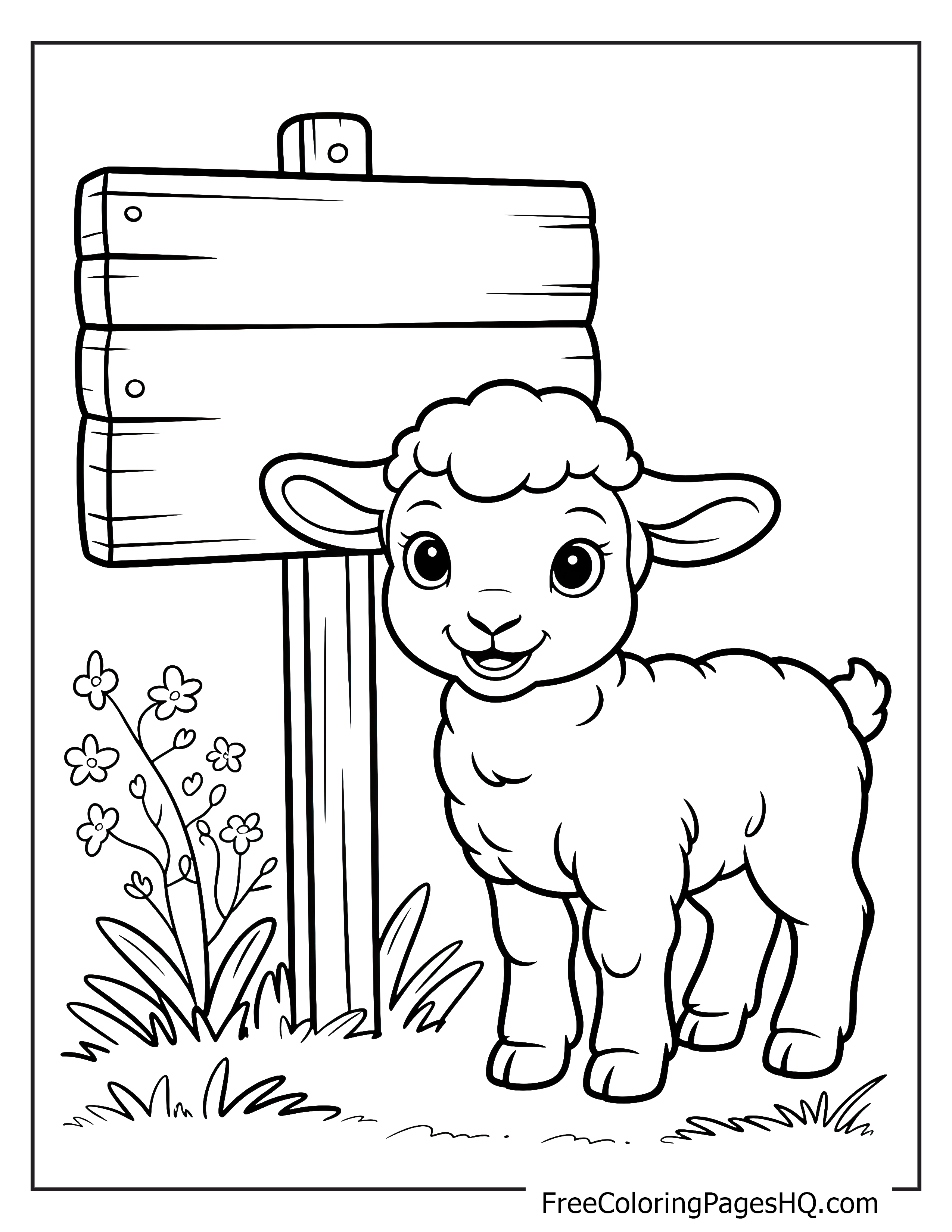 A joyful lamb next to a wooden sign with flowers.