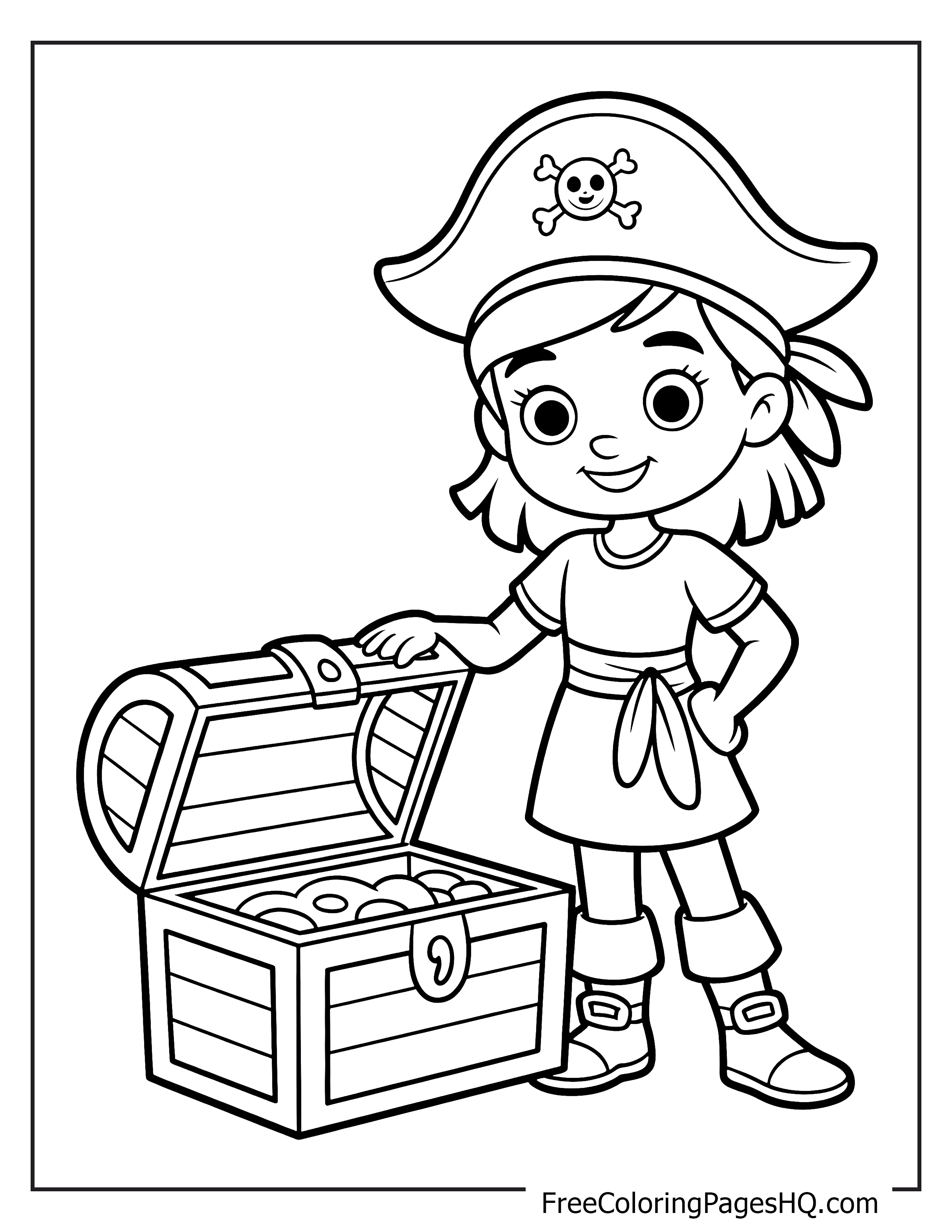 A young pirate girl smiles next to a treasure chest filled with coins.