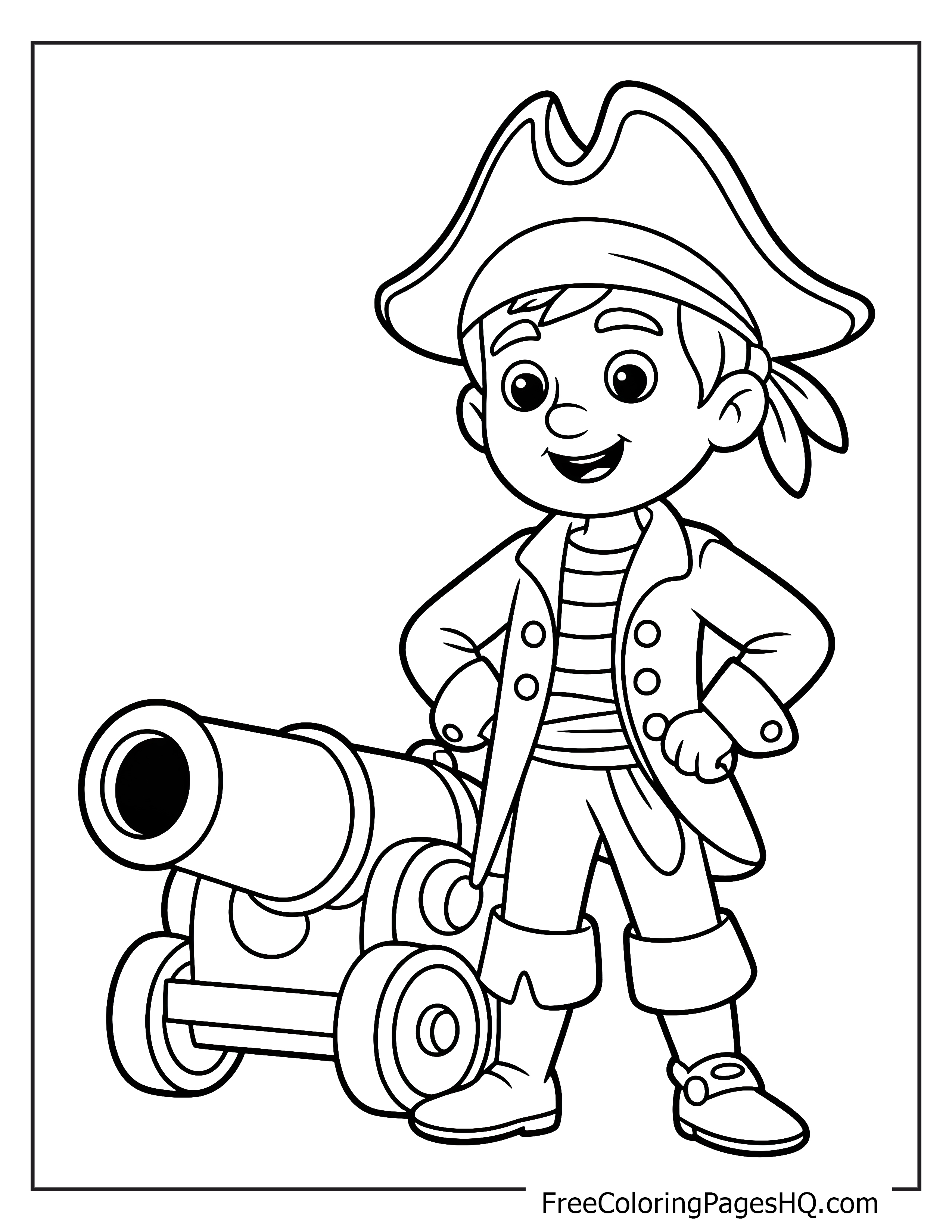 A cheerful young pirate stands next to a cannon, wearing a hat and a striped shirt.
