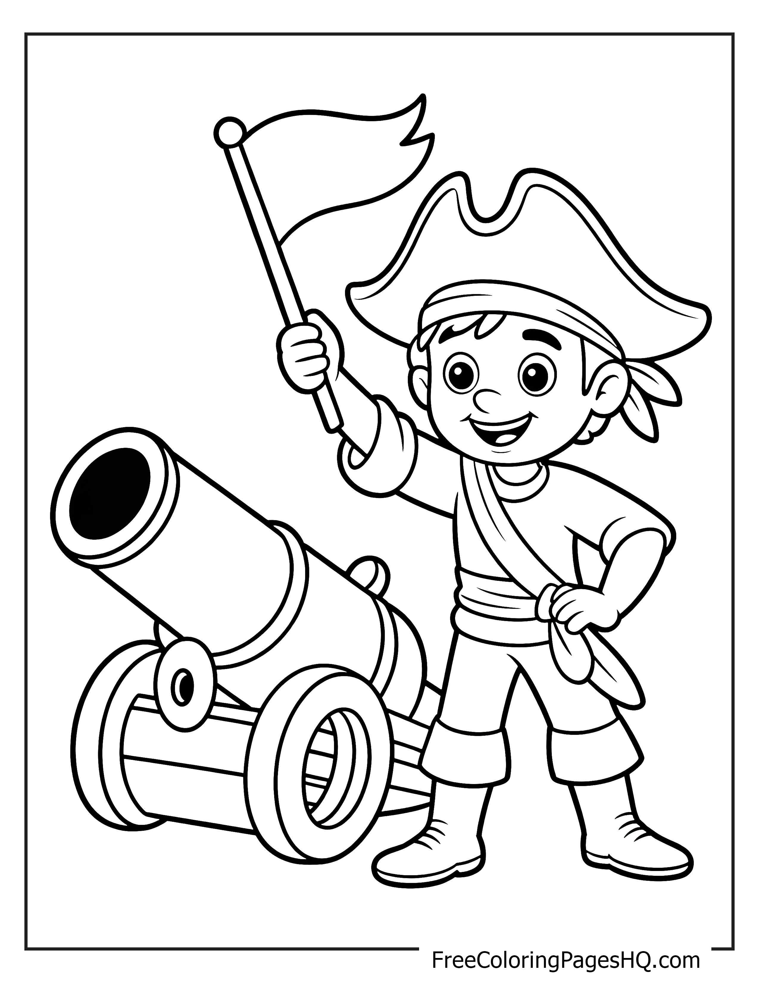 A happy child dressed as a pirate stands next to a cannon, holding a flag.