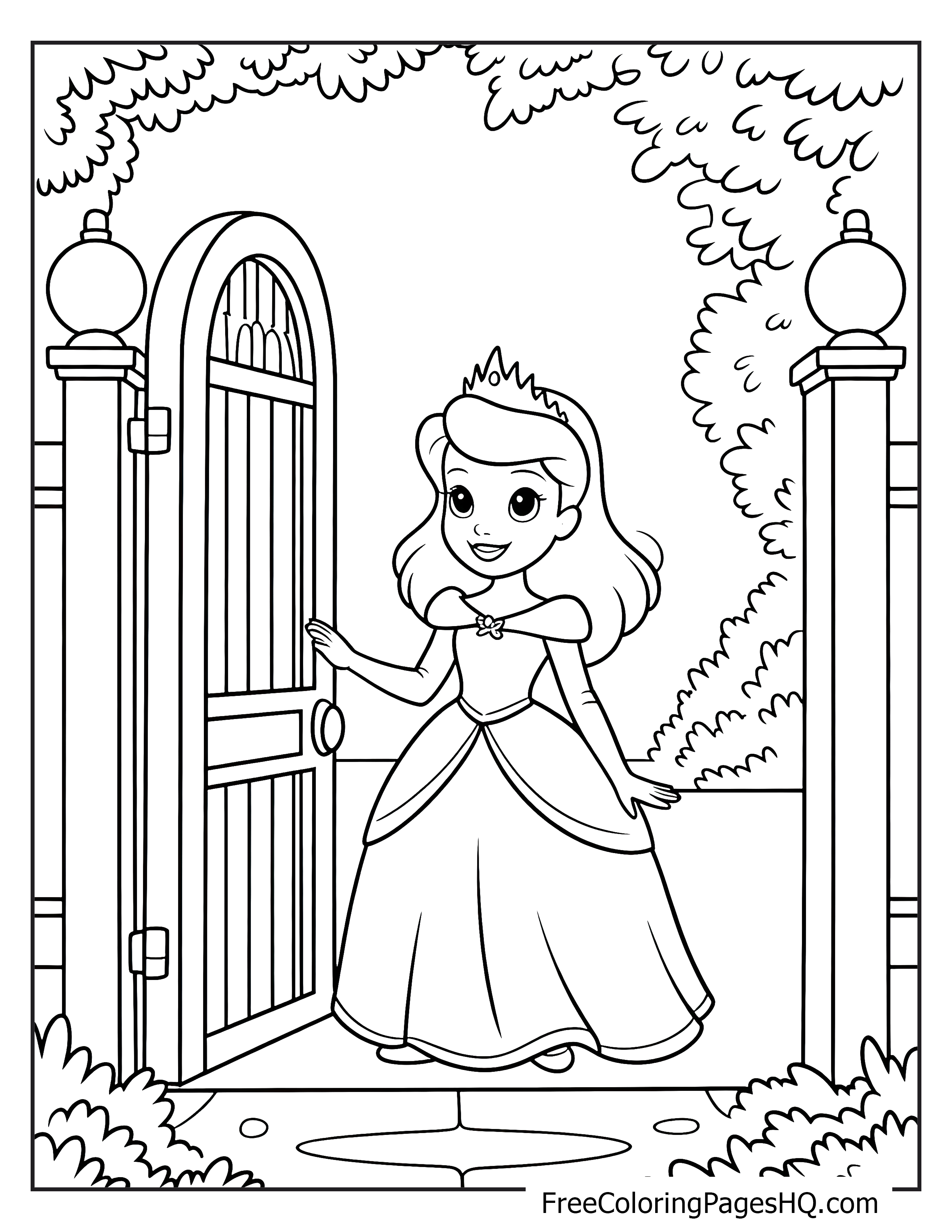 A smiling princess in a dress opens a gate to a garden.