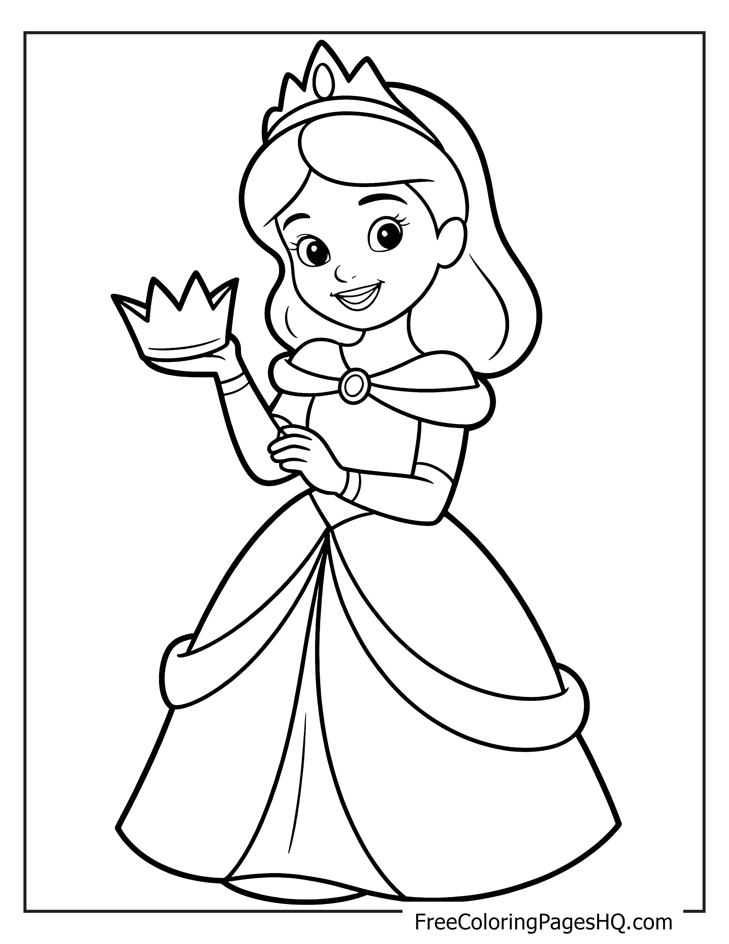 A princess in a flowing dress holding a crown, smiling warmly.