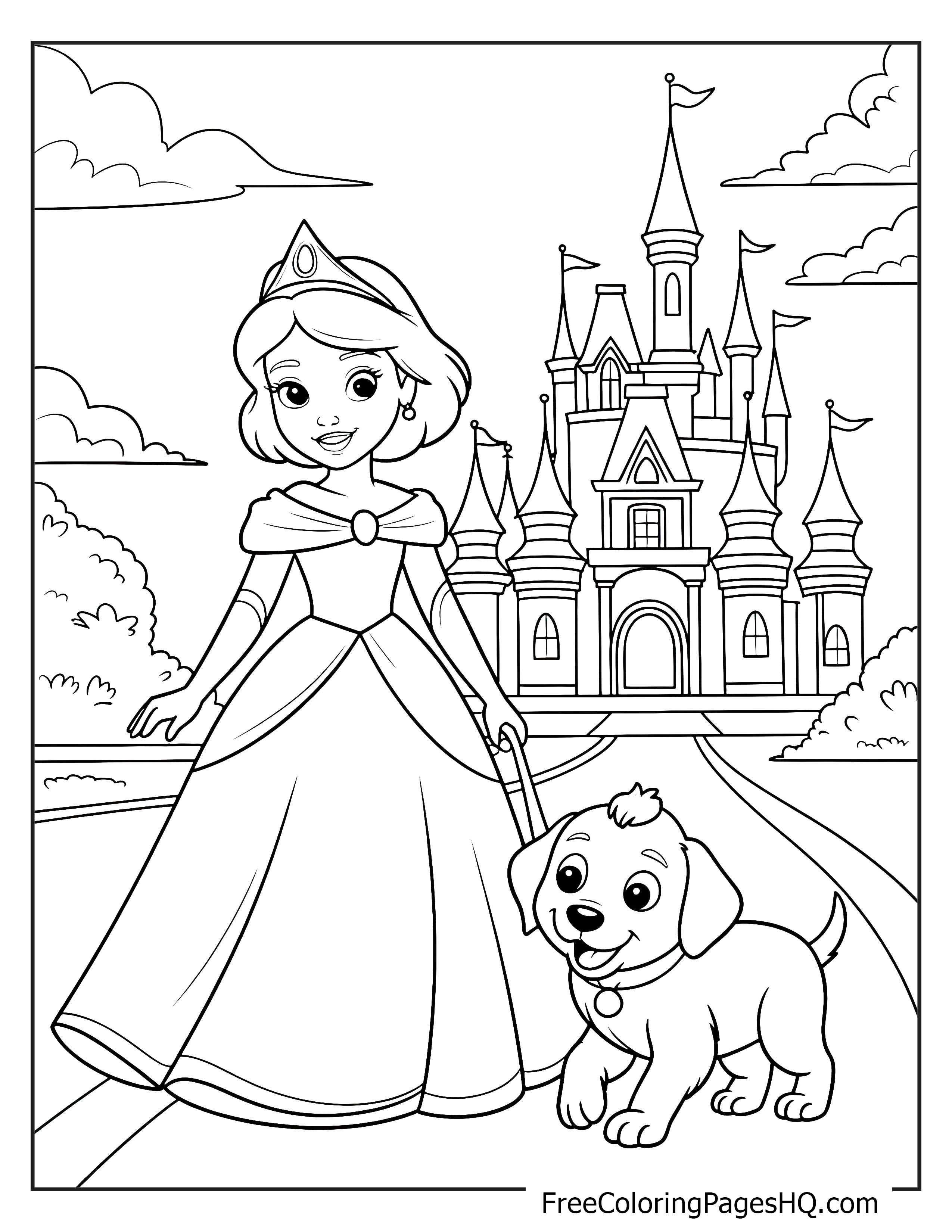A young princess with a crown walks her puppy near a castle.