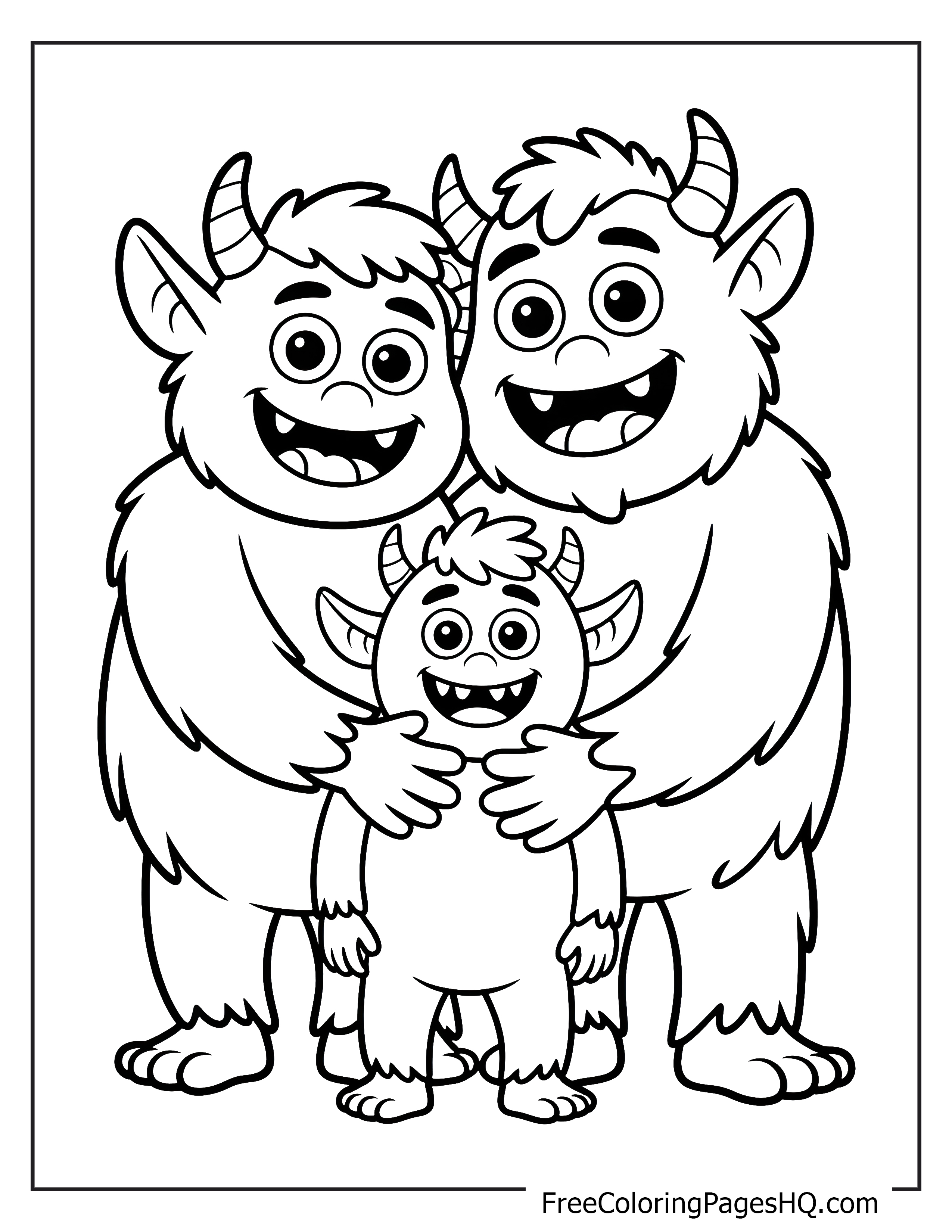 Three smiling monsters embrace warmly, showcasing their large, friendly eyes and cute horns.