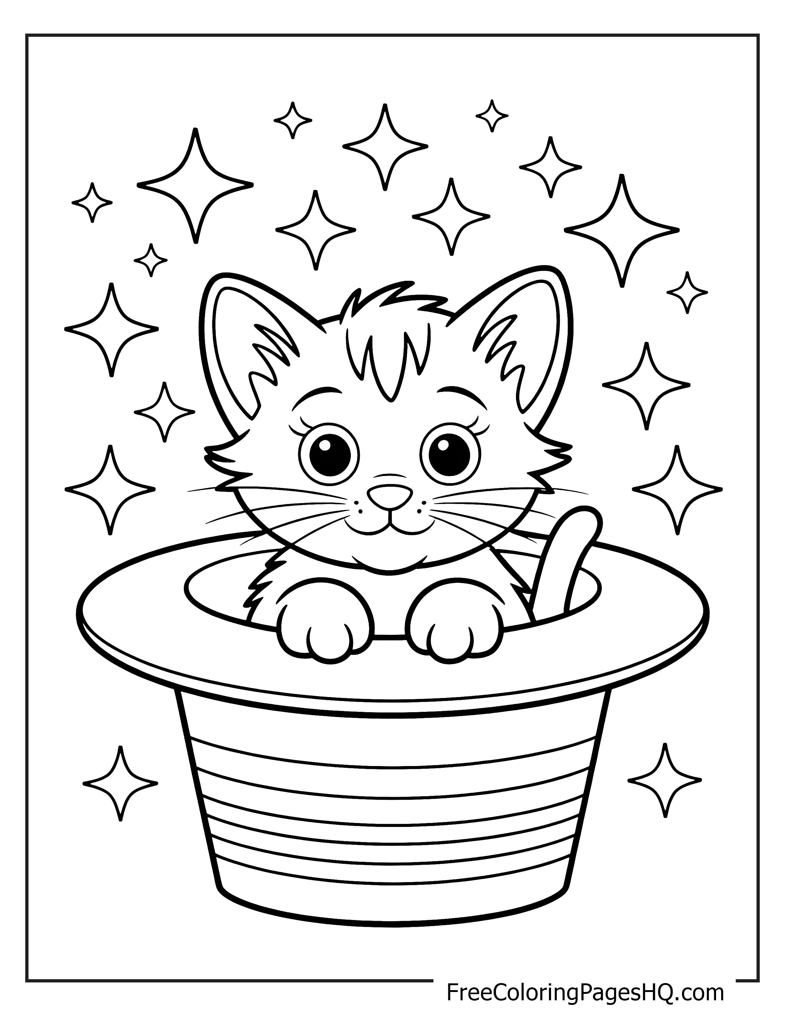 Kitten in a magic hat with stars around.