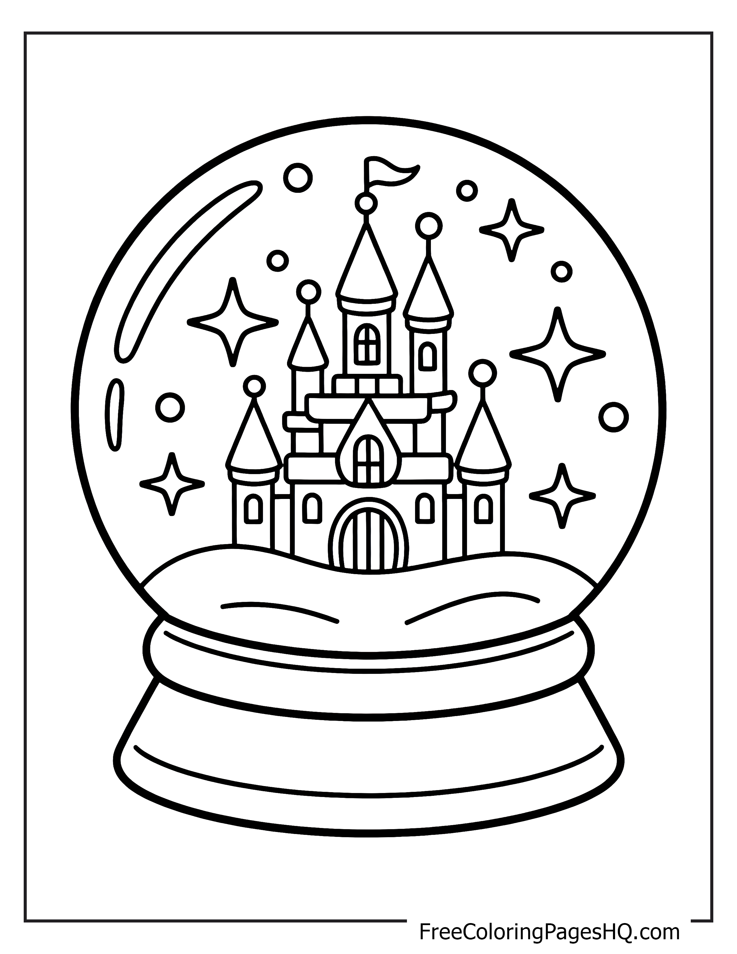 A castle inside a snow globe with stars around it.