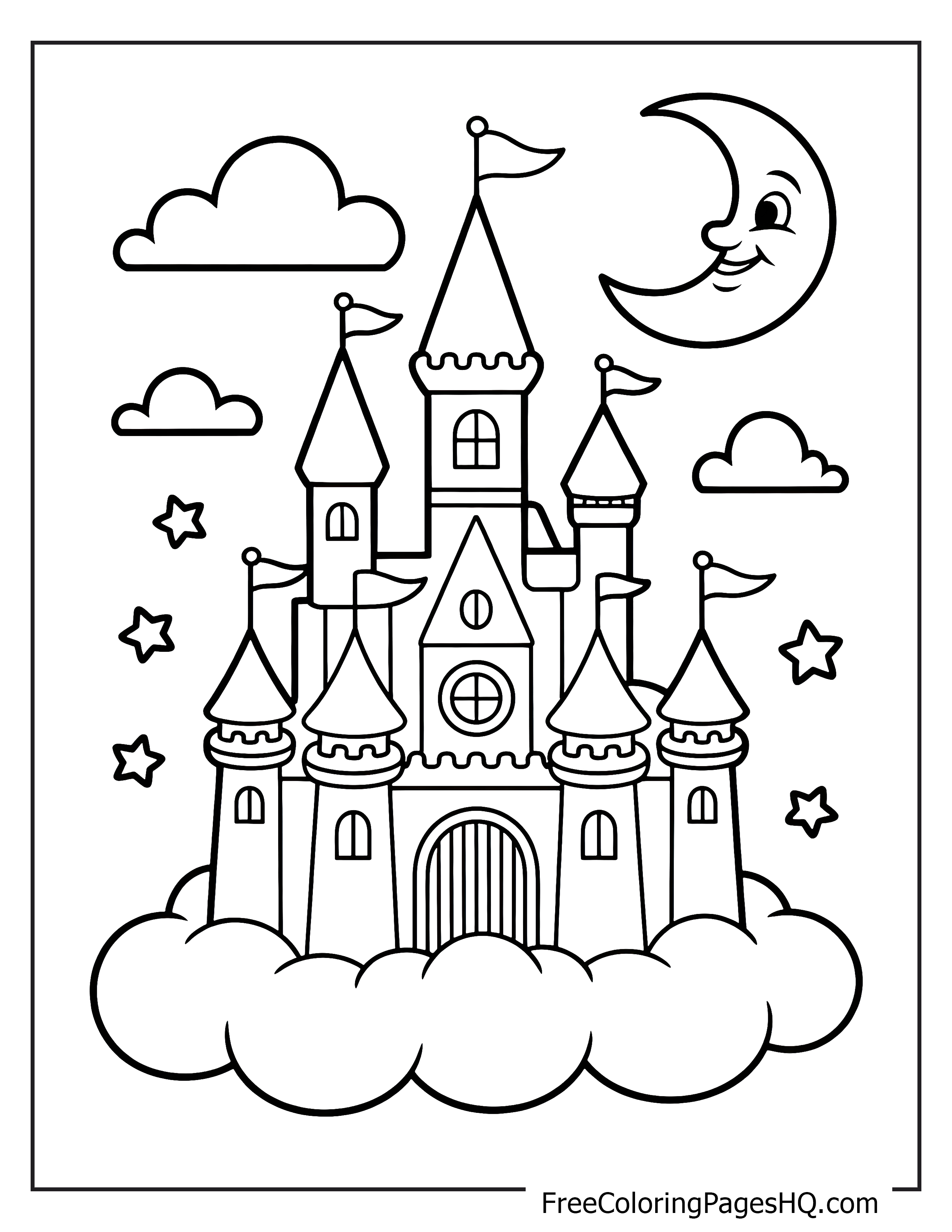 A castle on clouds with a smiling moon and stars in the sky.