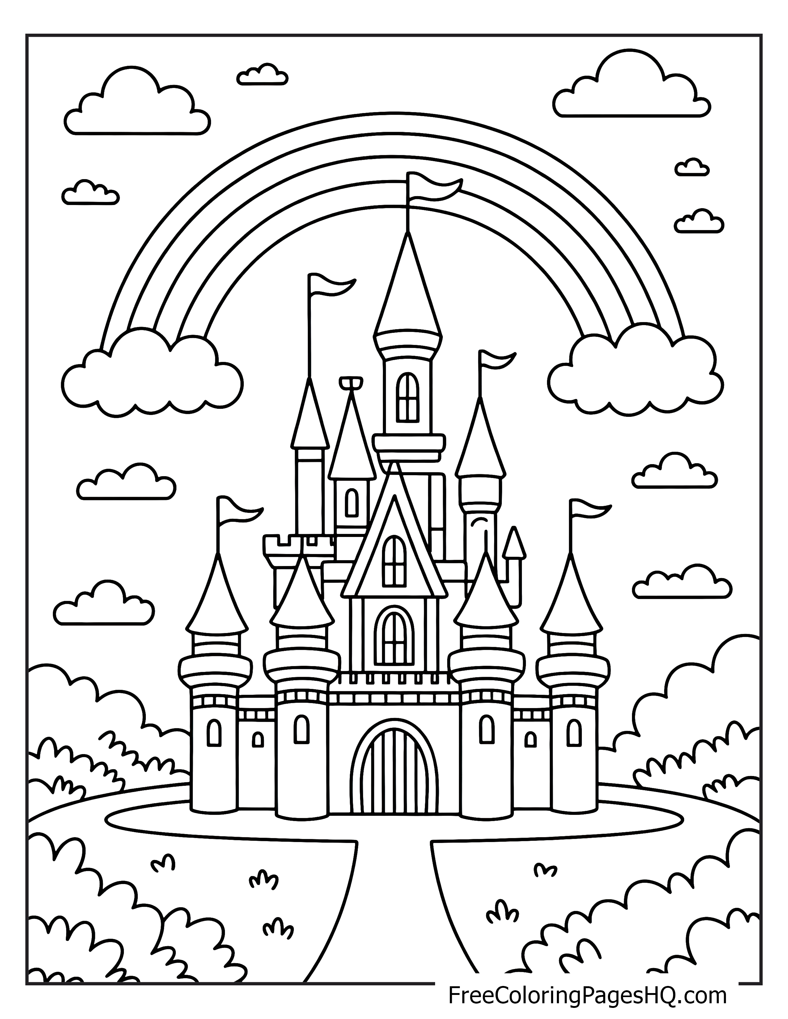 A fairy-tale castle with towers beneath a large rainbow and fluffy clouds.
