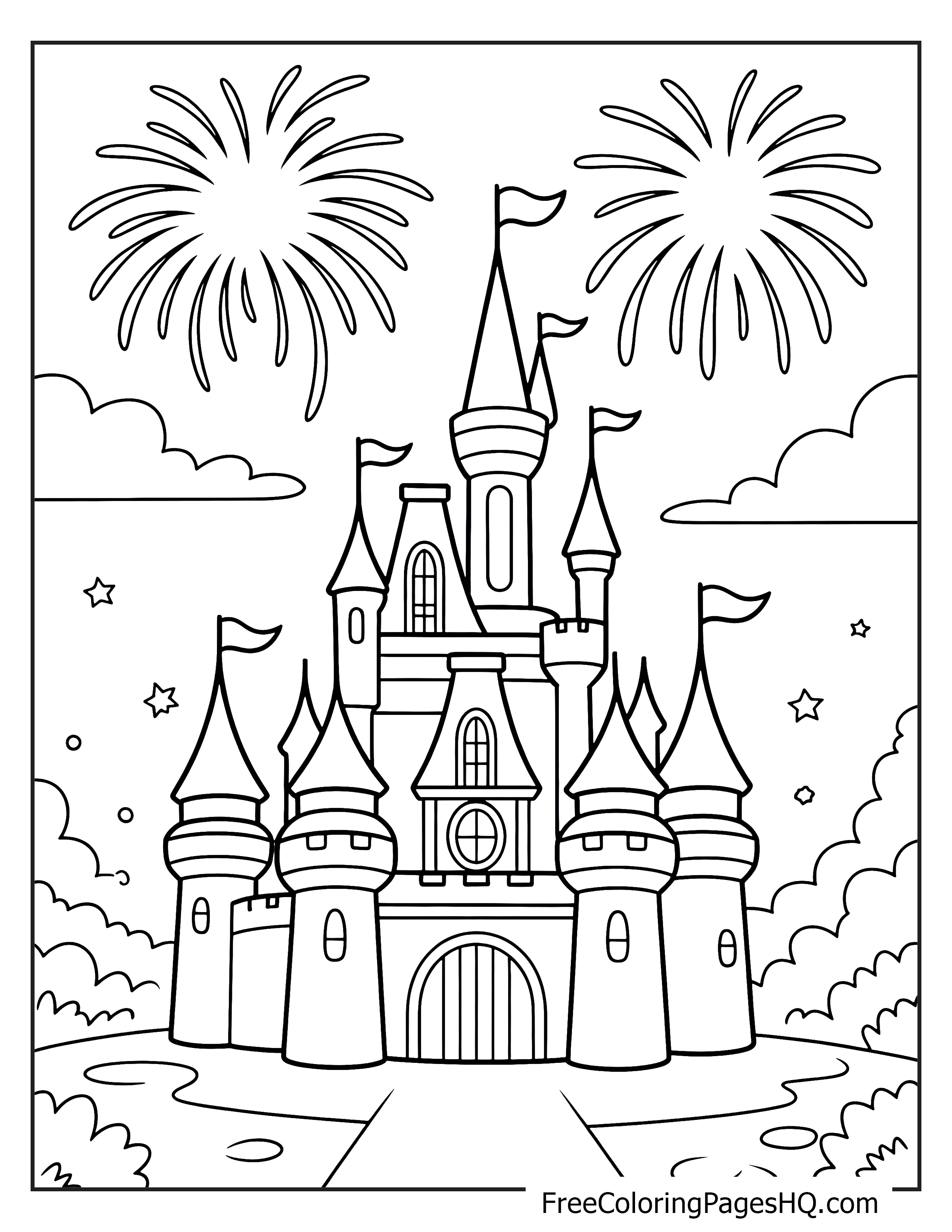 Magical castle stands with fireworks bursting in the night sky.