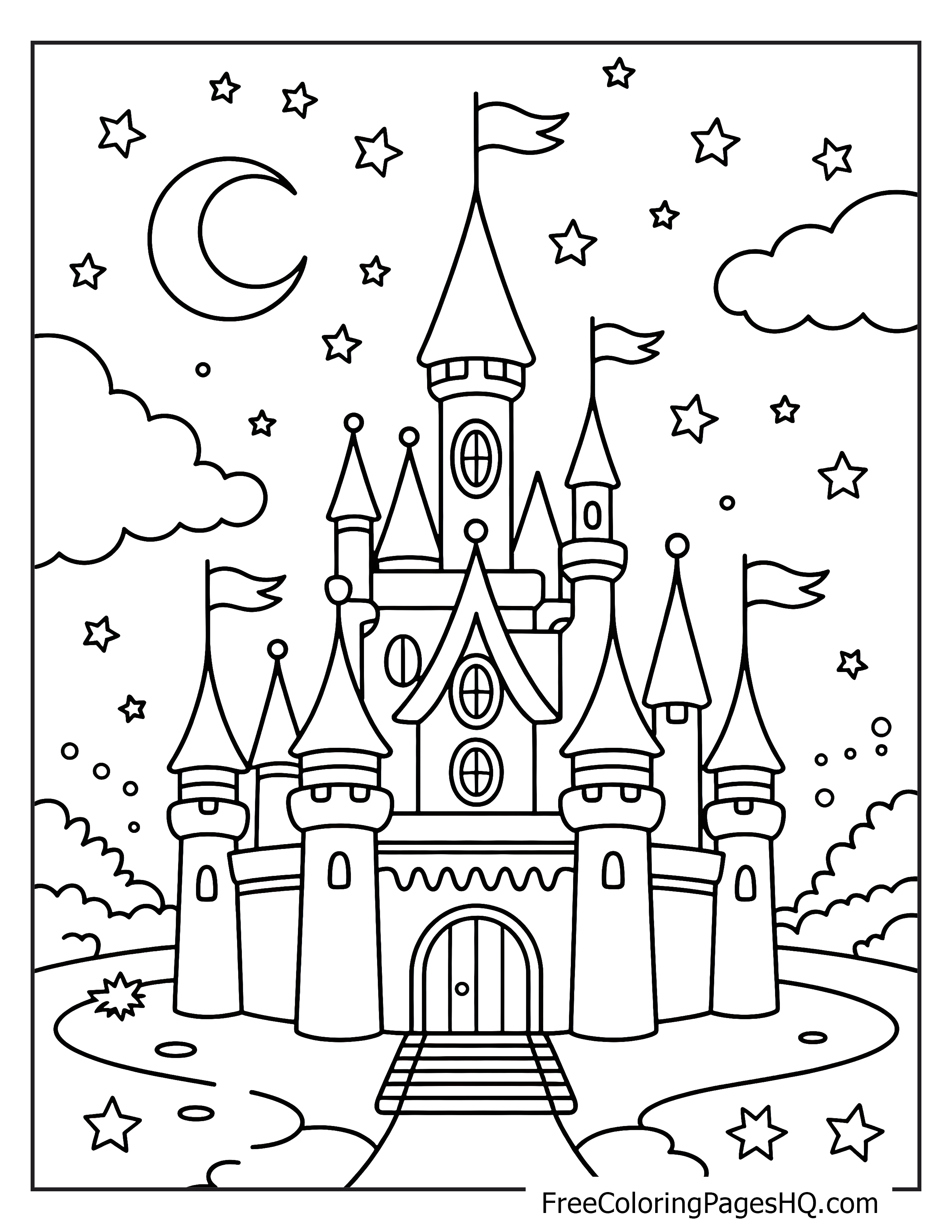 A grand castle at night with stars and a crescent moon in the sky.